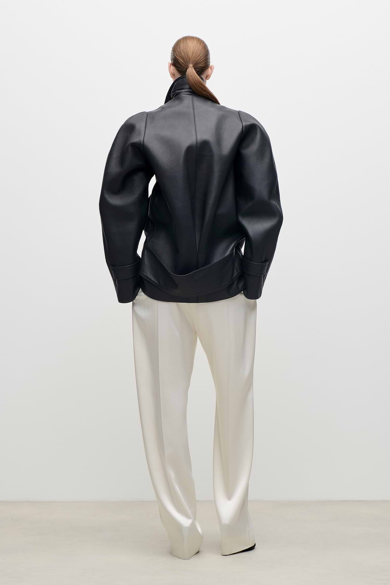 Leather Pea Coat In Black
