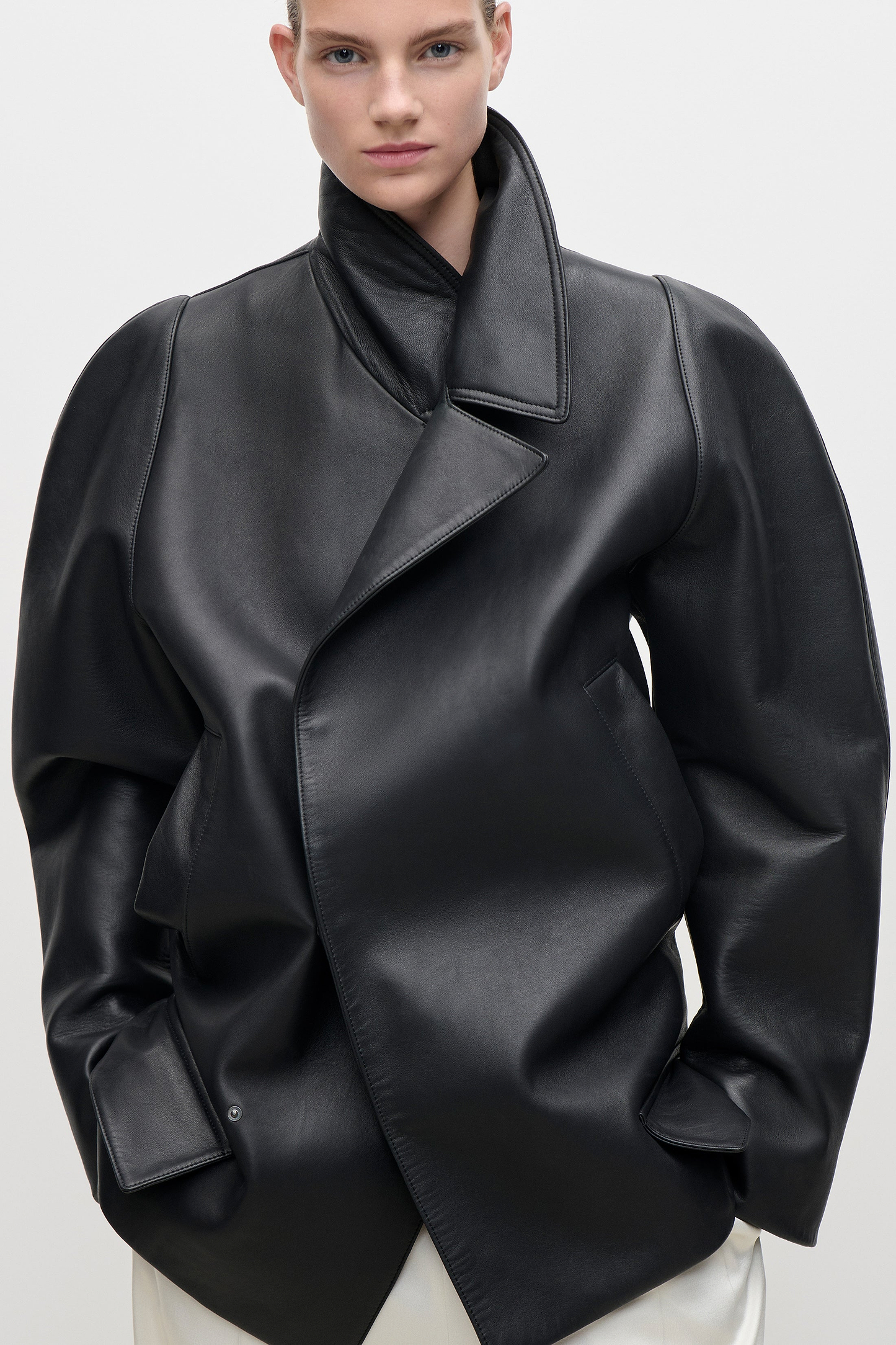 Leather Pea Coat In Black