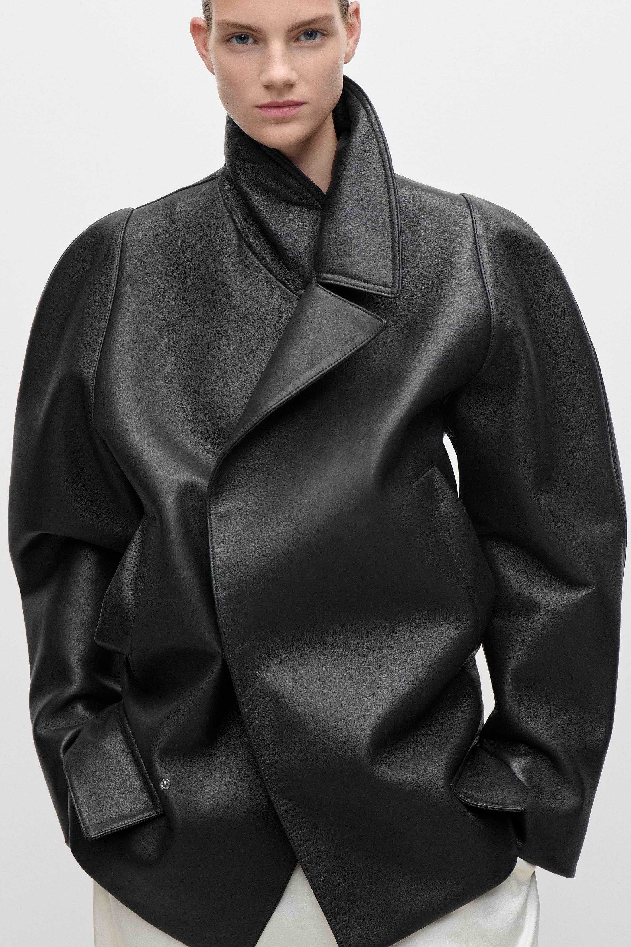 Leather Pea Coat In Black