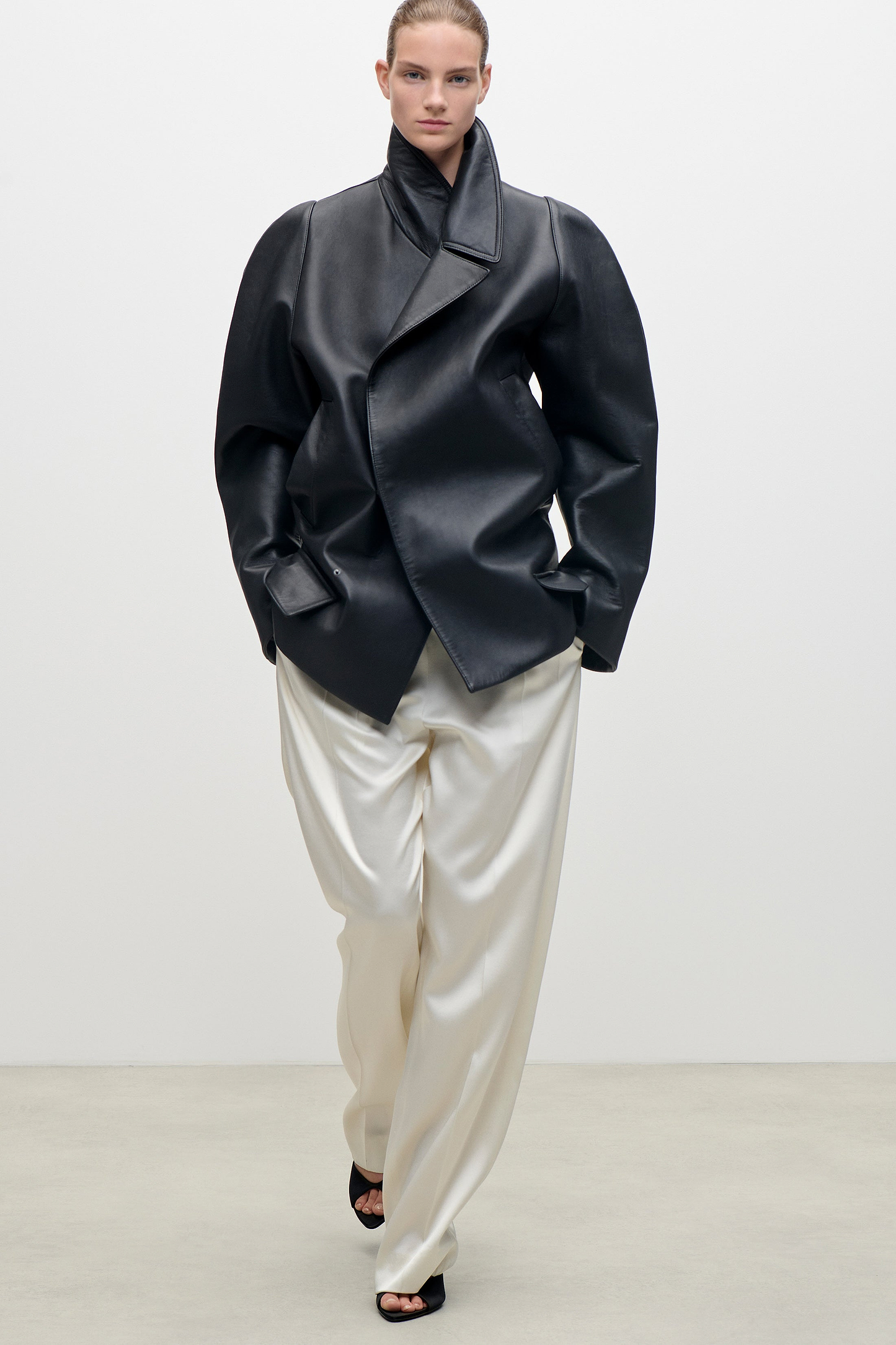 Leather Pea Coat In Black