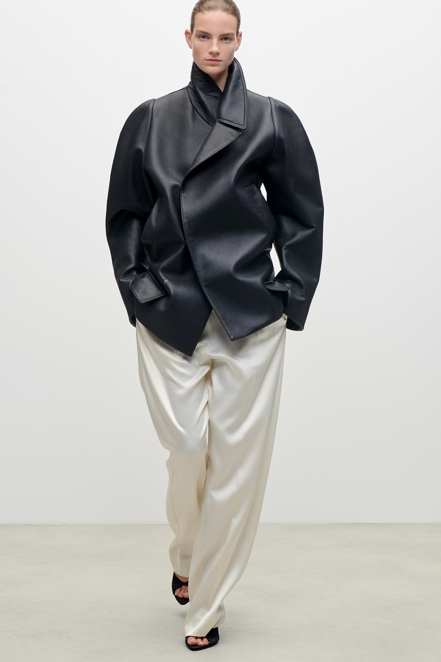 Leather Pea Coat In Black