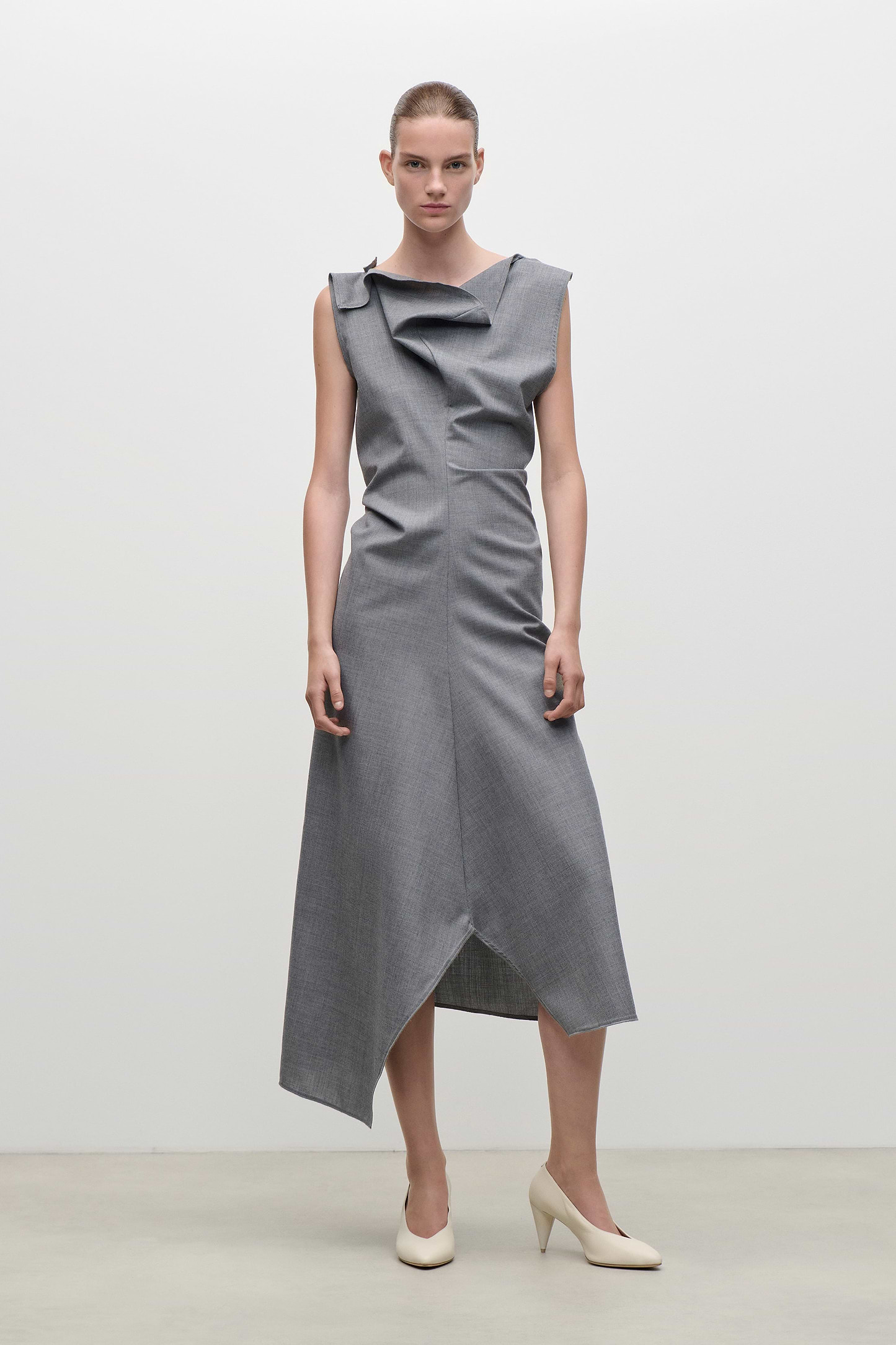 Draped Tailored Midi Dress In Light Grey Melange