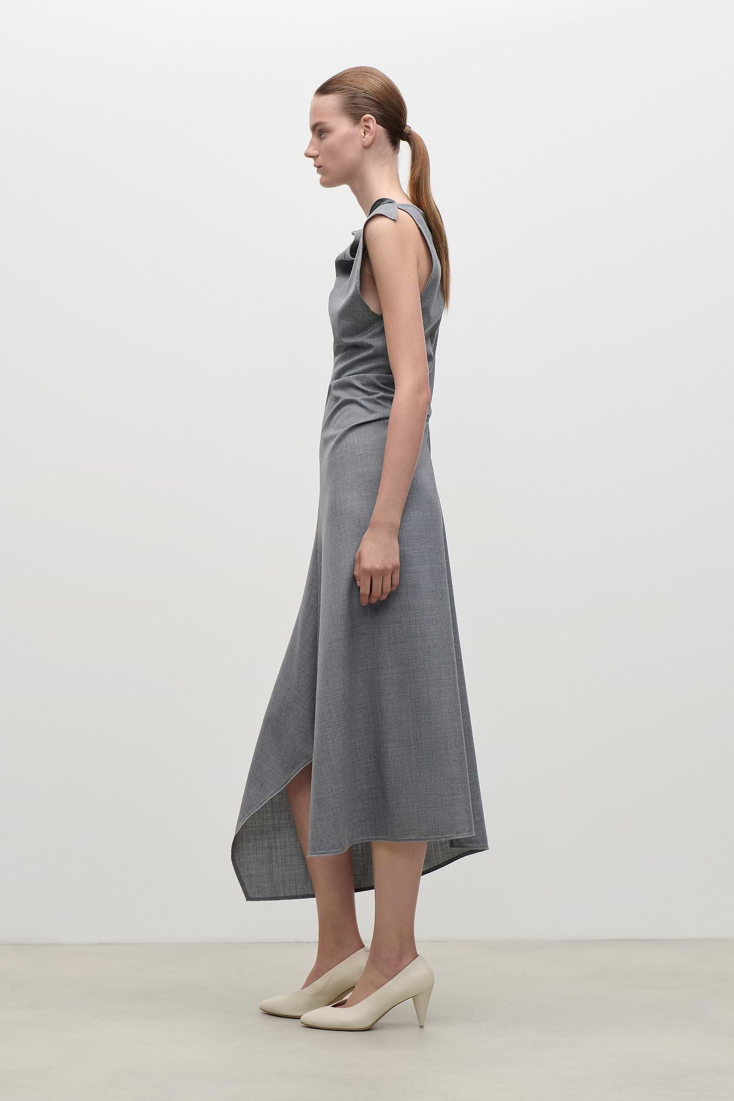 Draped Tailored Midi Dress In Light Grey Melange
