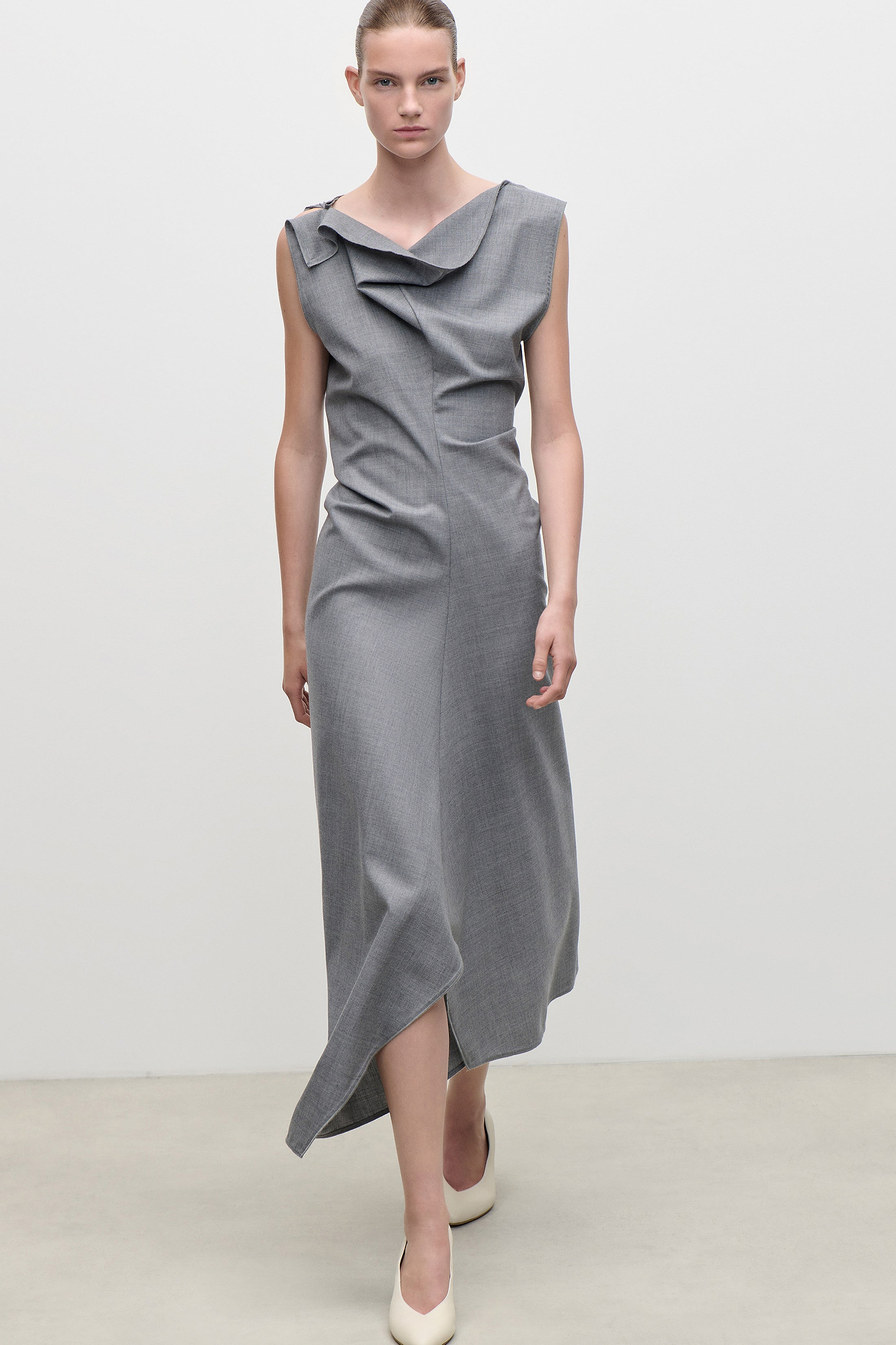 Draped Tailored Midi Dress In Light Grey Melange