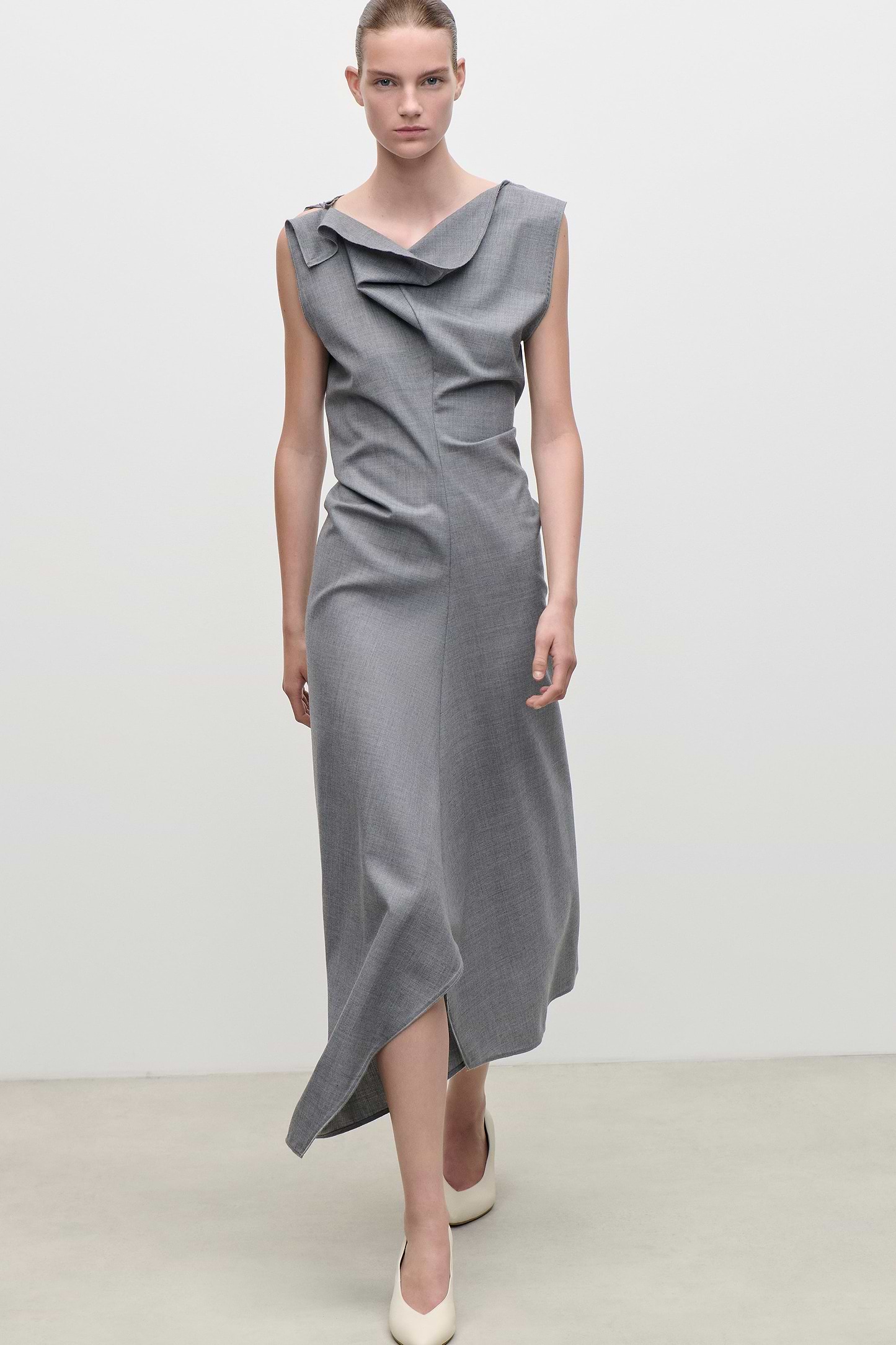 Draped Tailored Midi Dress In Light Grey Melange