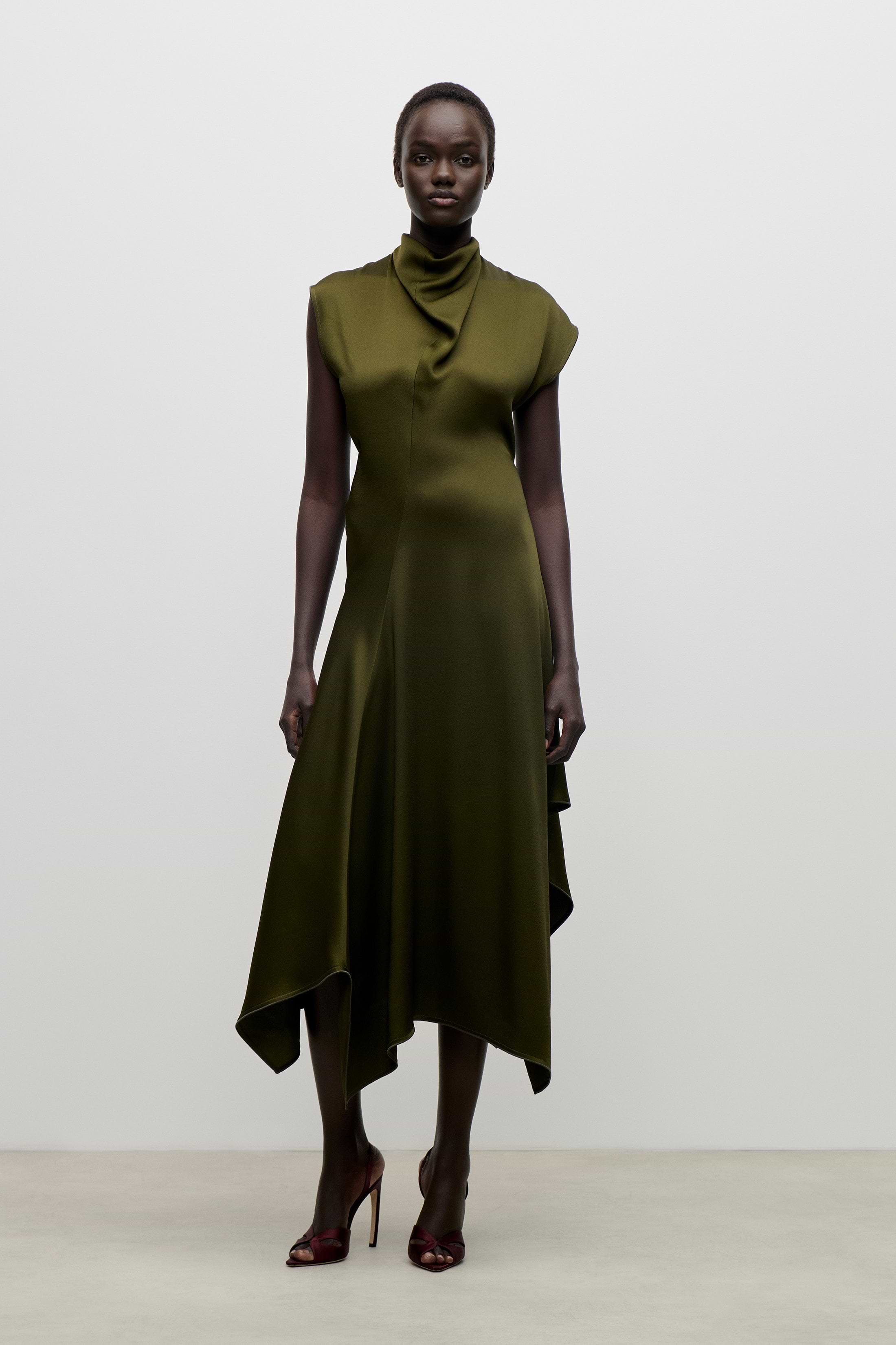 High Neck Draped Midi Dress In Green