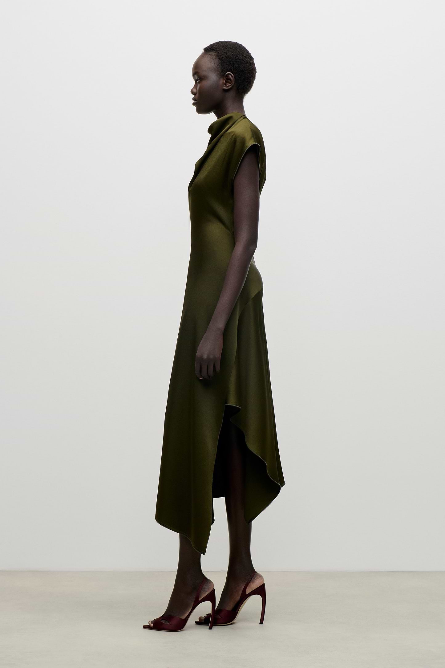High Neck Draped Midi Dress In Green