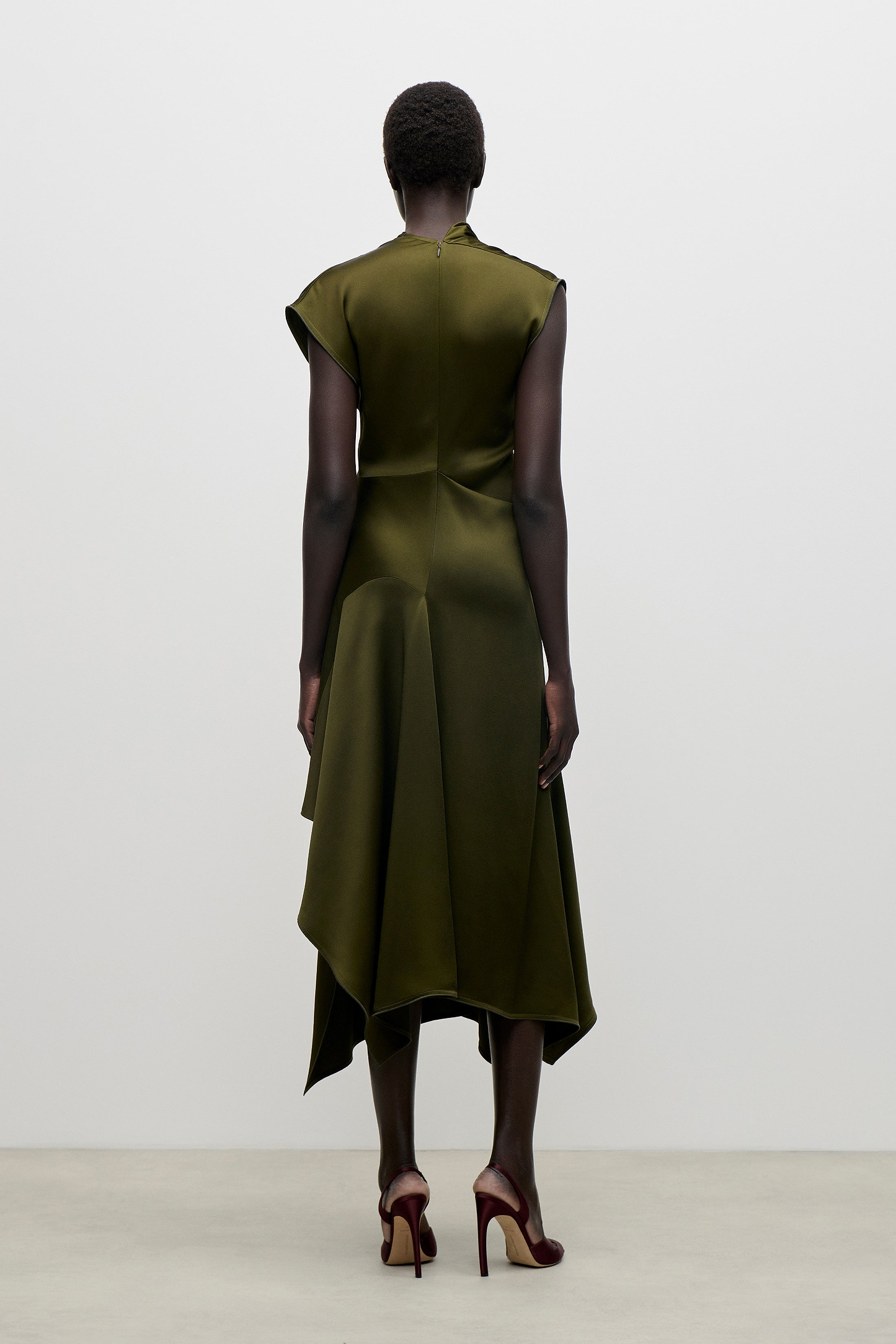 High Neck Draped Midi Dress In Green