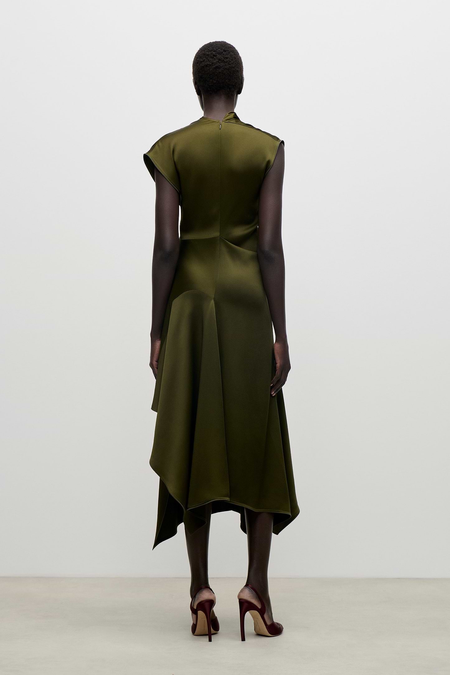 High Neck Draped Midi Dress In Green