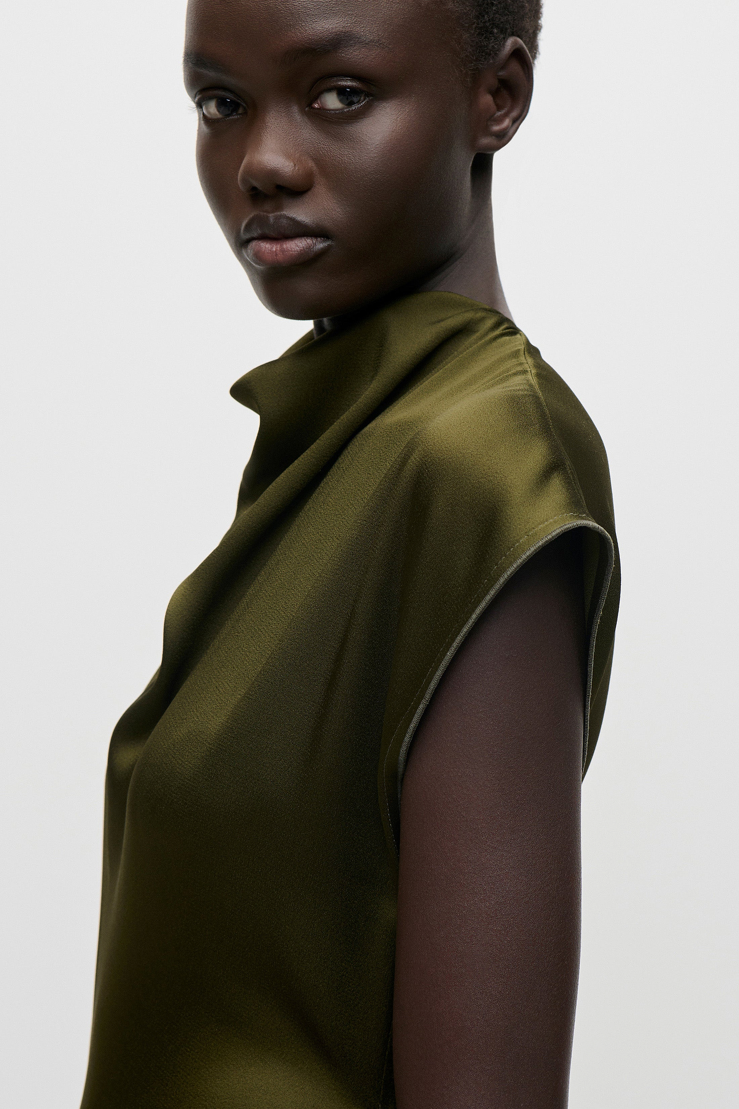 High Neck Draped Midi Dress In Green