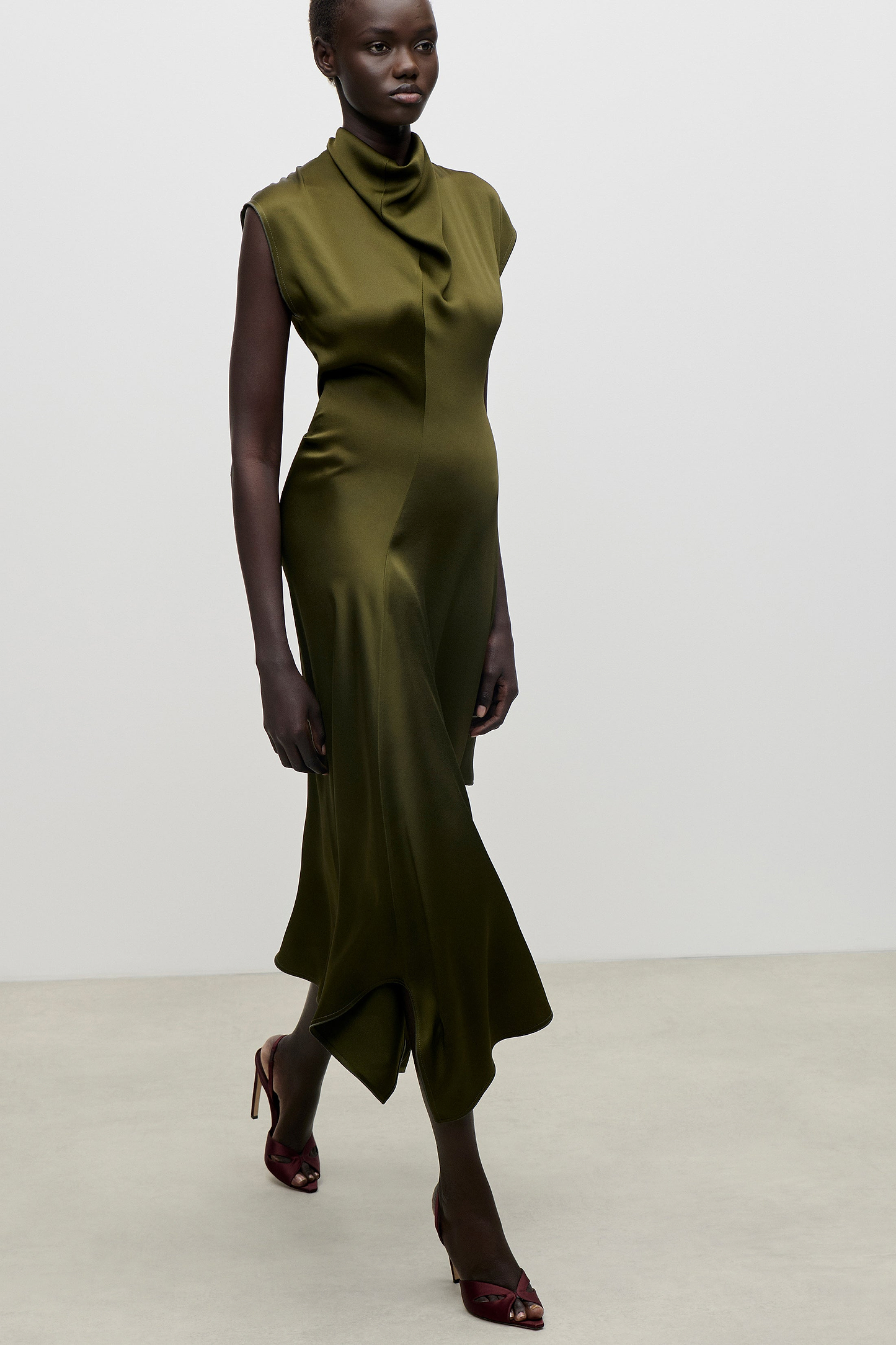High Neck Draped Midi Dress In Green