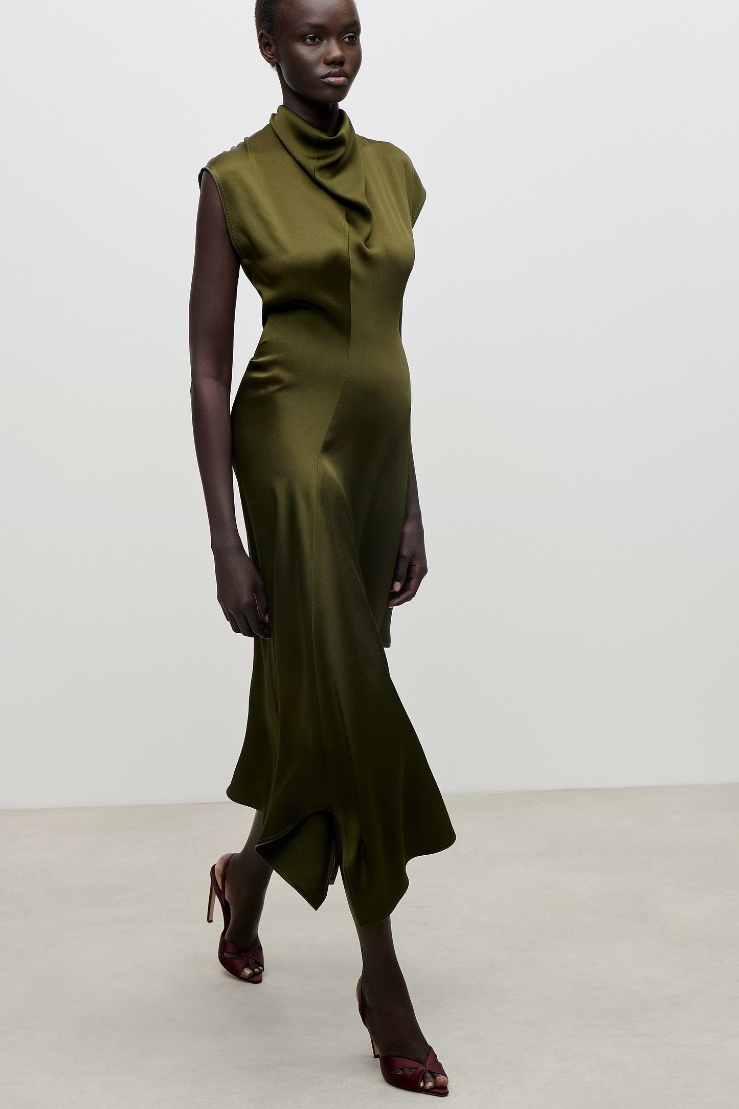 High Neck Draped Midi Dress In Green