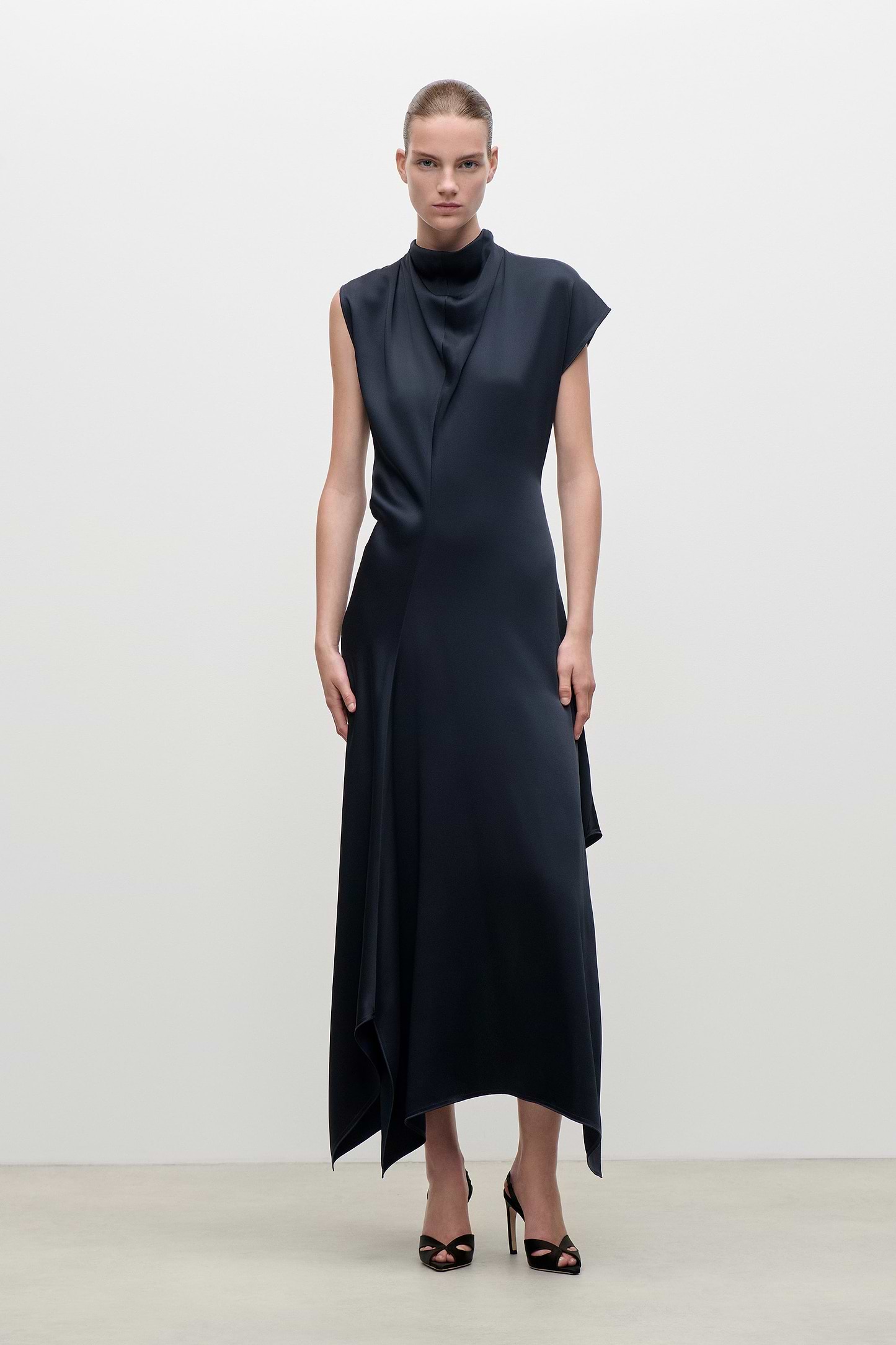 High Neck Draped Midi Dress In Dark Navy