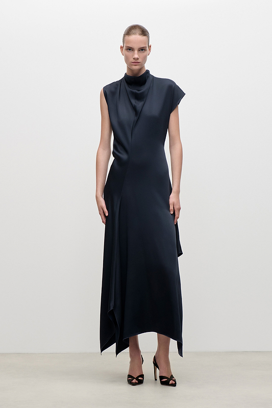 High Neck Draped Midi Dress In Dark Navy