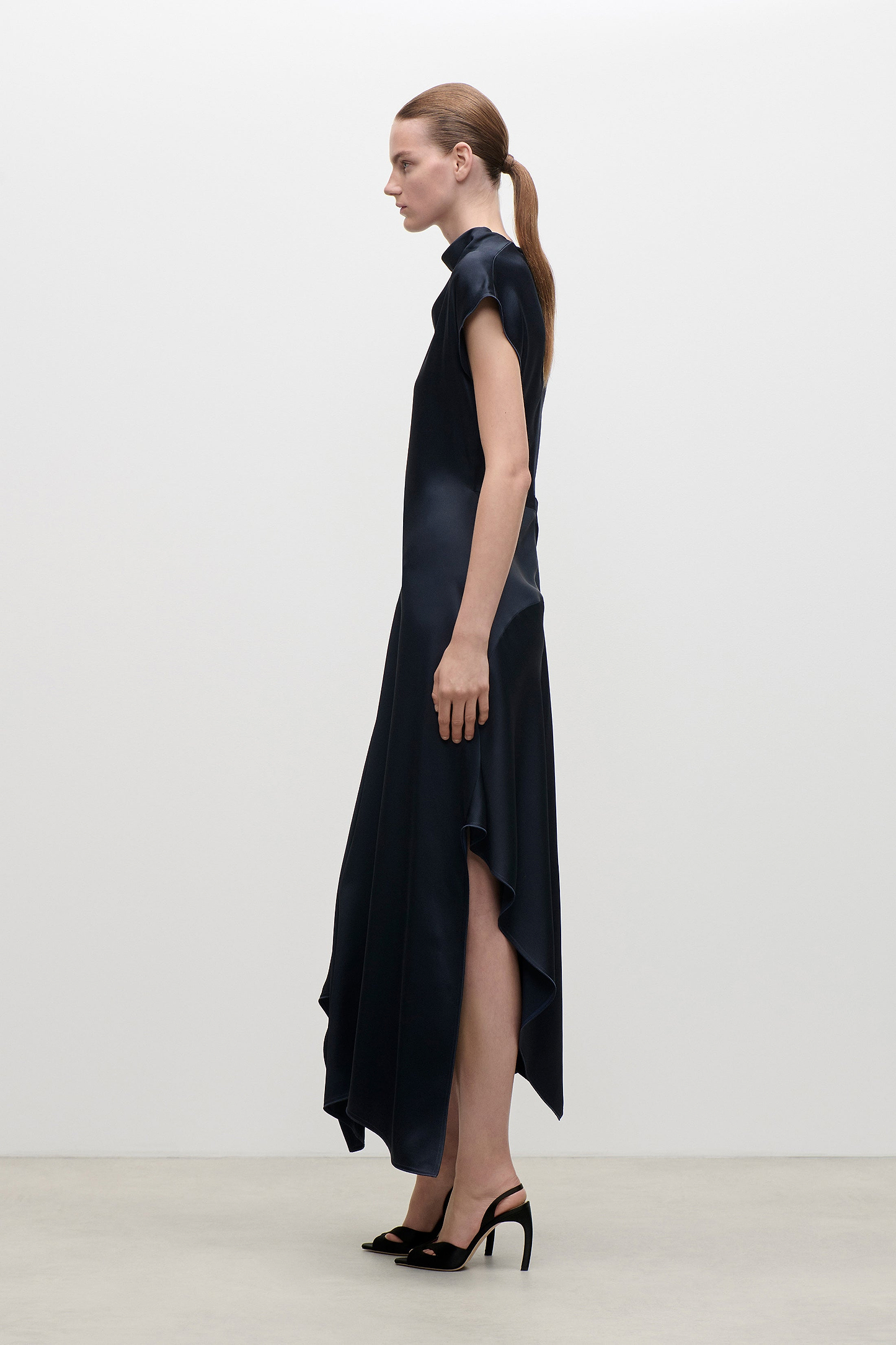 High Neck Draped Midi Dress In Dark Navy