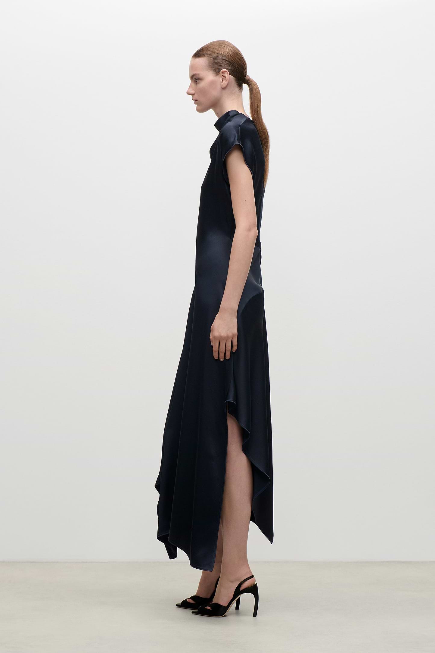 High Neck Draped Midi Dress In Dark Navy