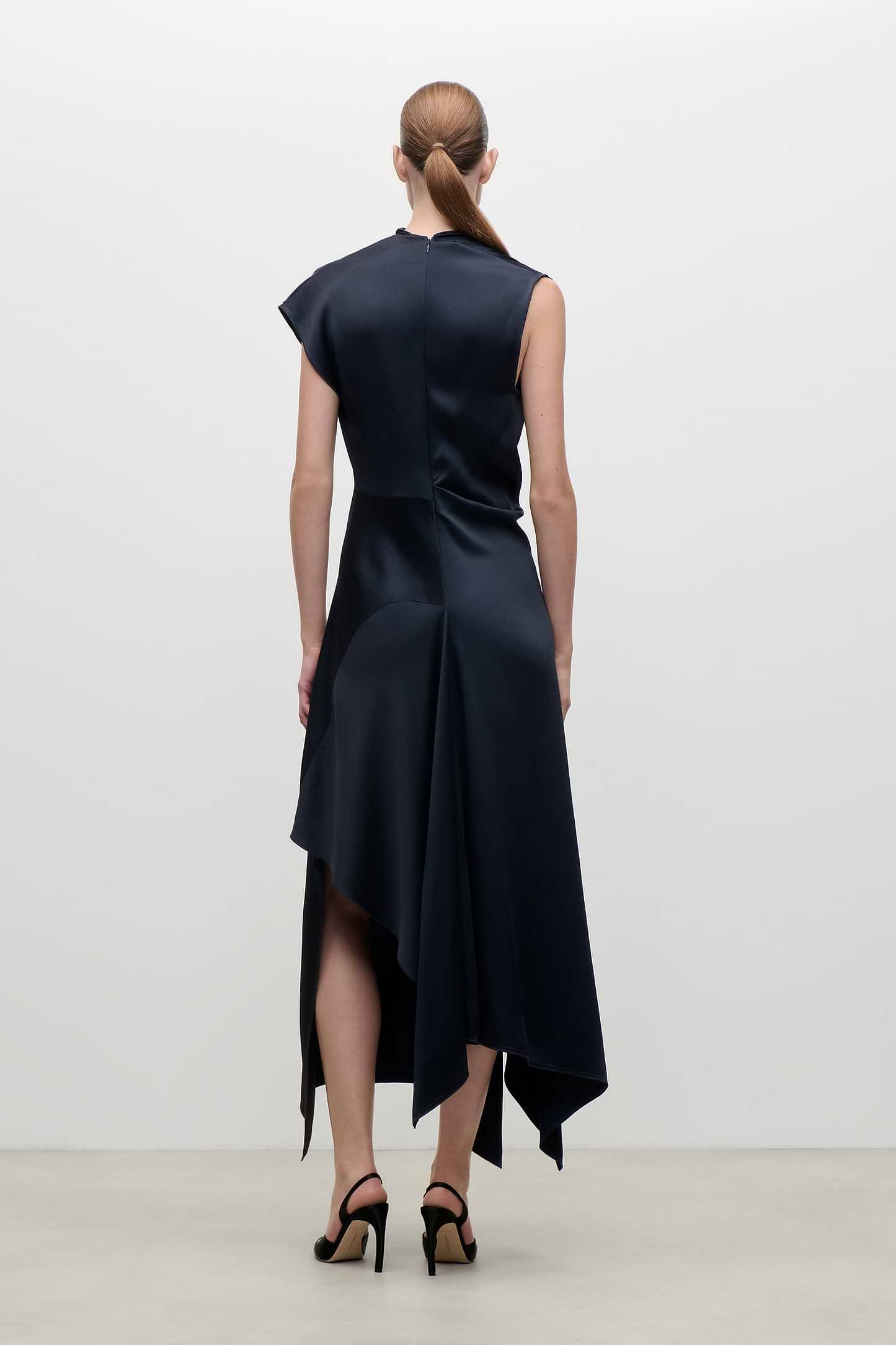 High Neck Draped Midi Dress In Dark Navy