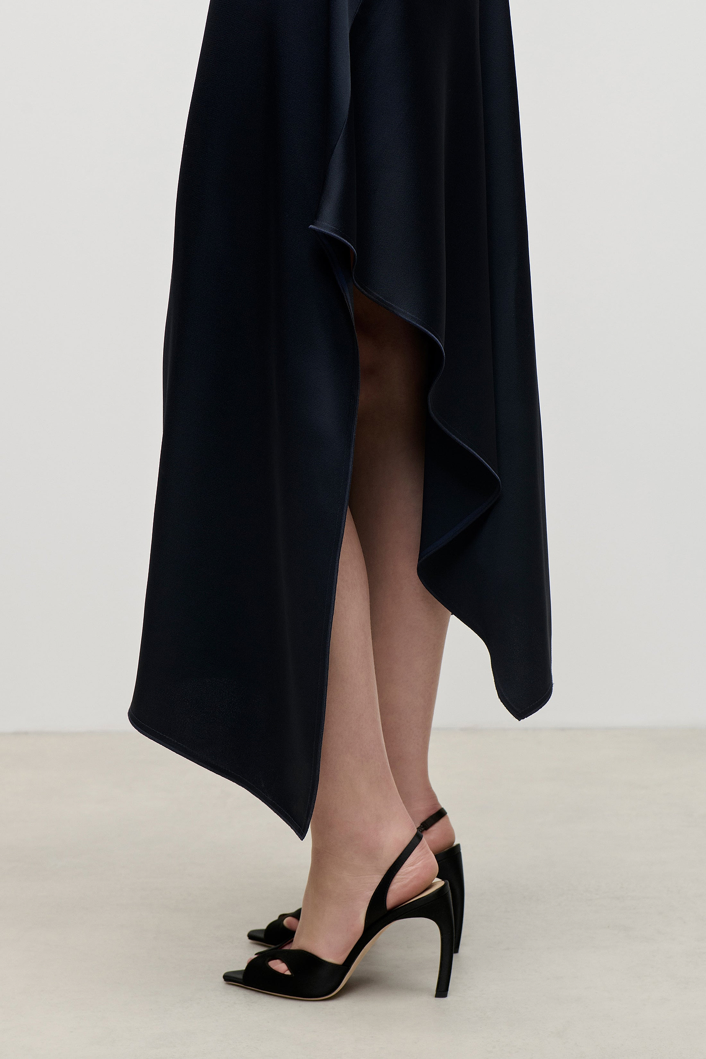 High Neck Draped Midi Dress In Dark Navy