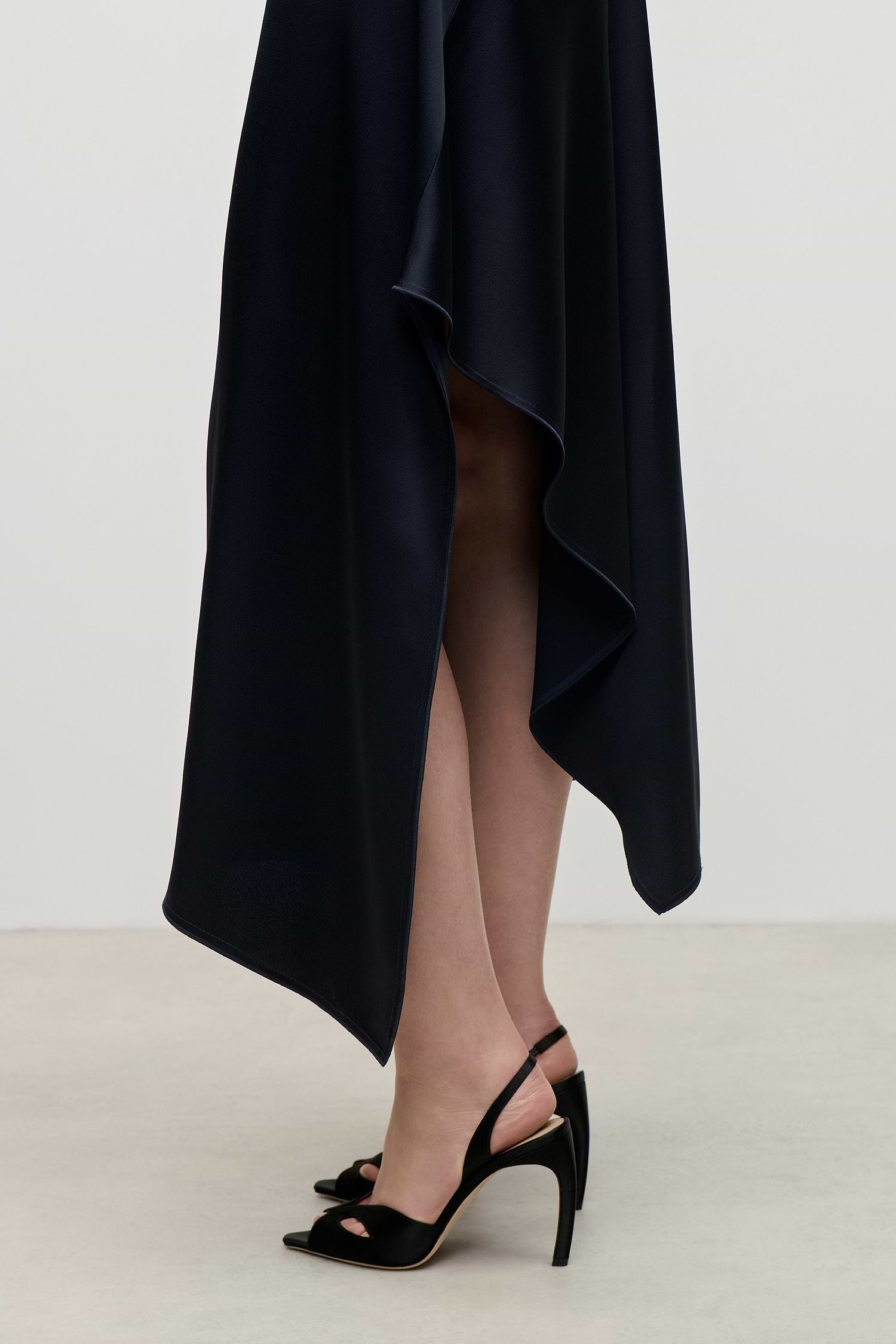 High Neck Draped Midi Dress In Dark Navy