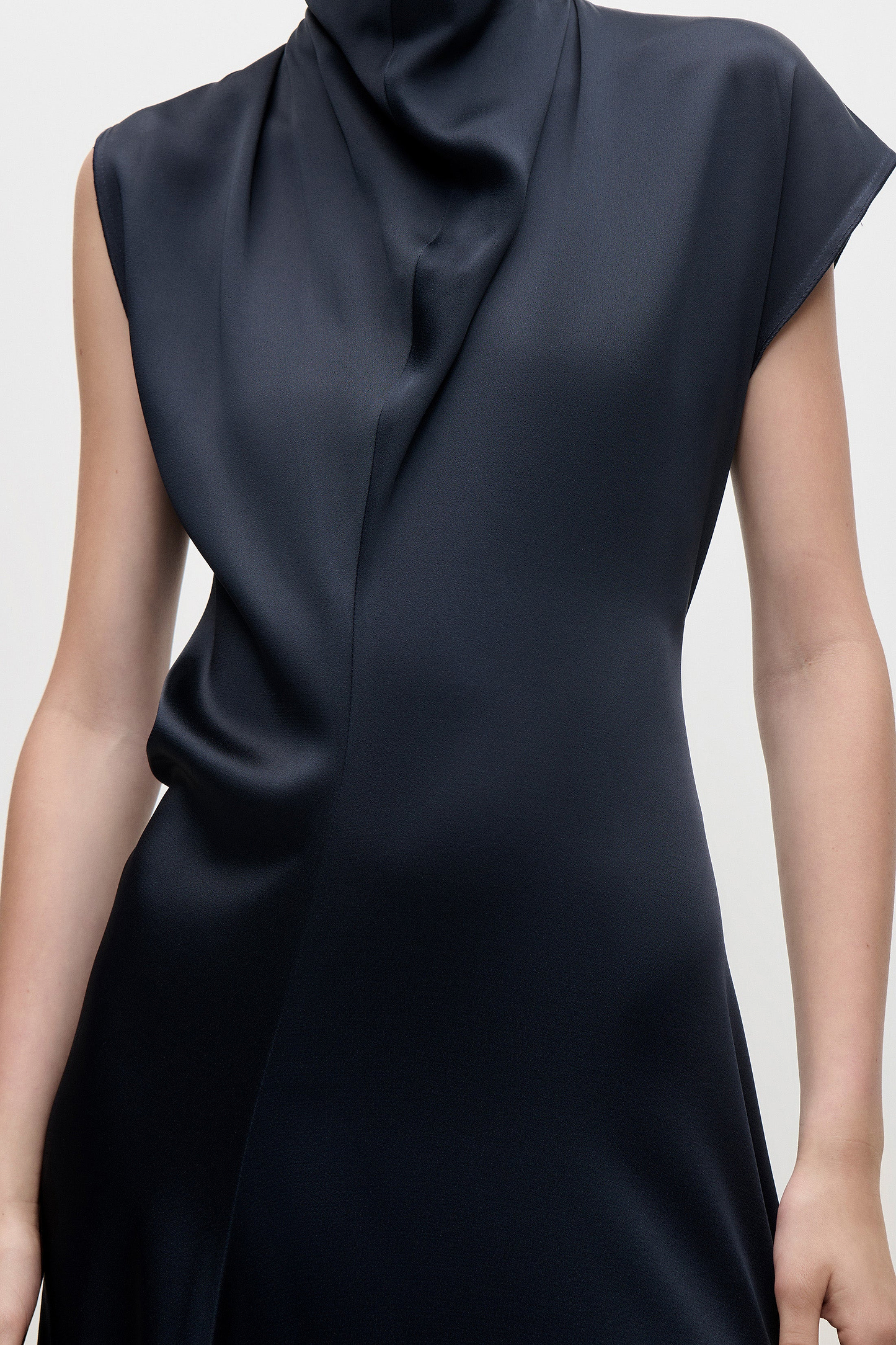 High Neck Draped Midi Dress In Dark Navy