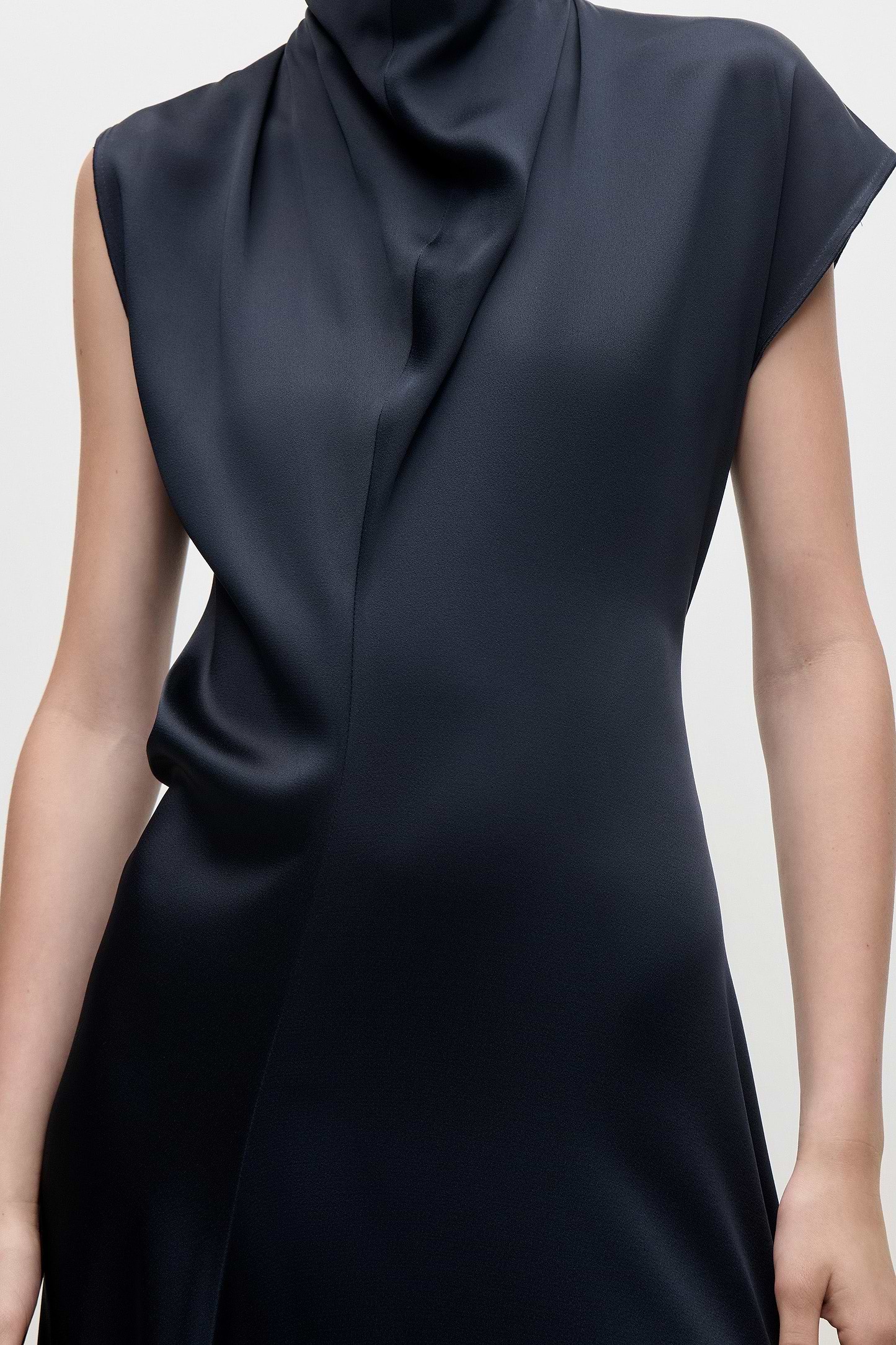 High Neck Draped Midi Dress In Dark Navy
