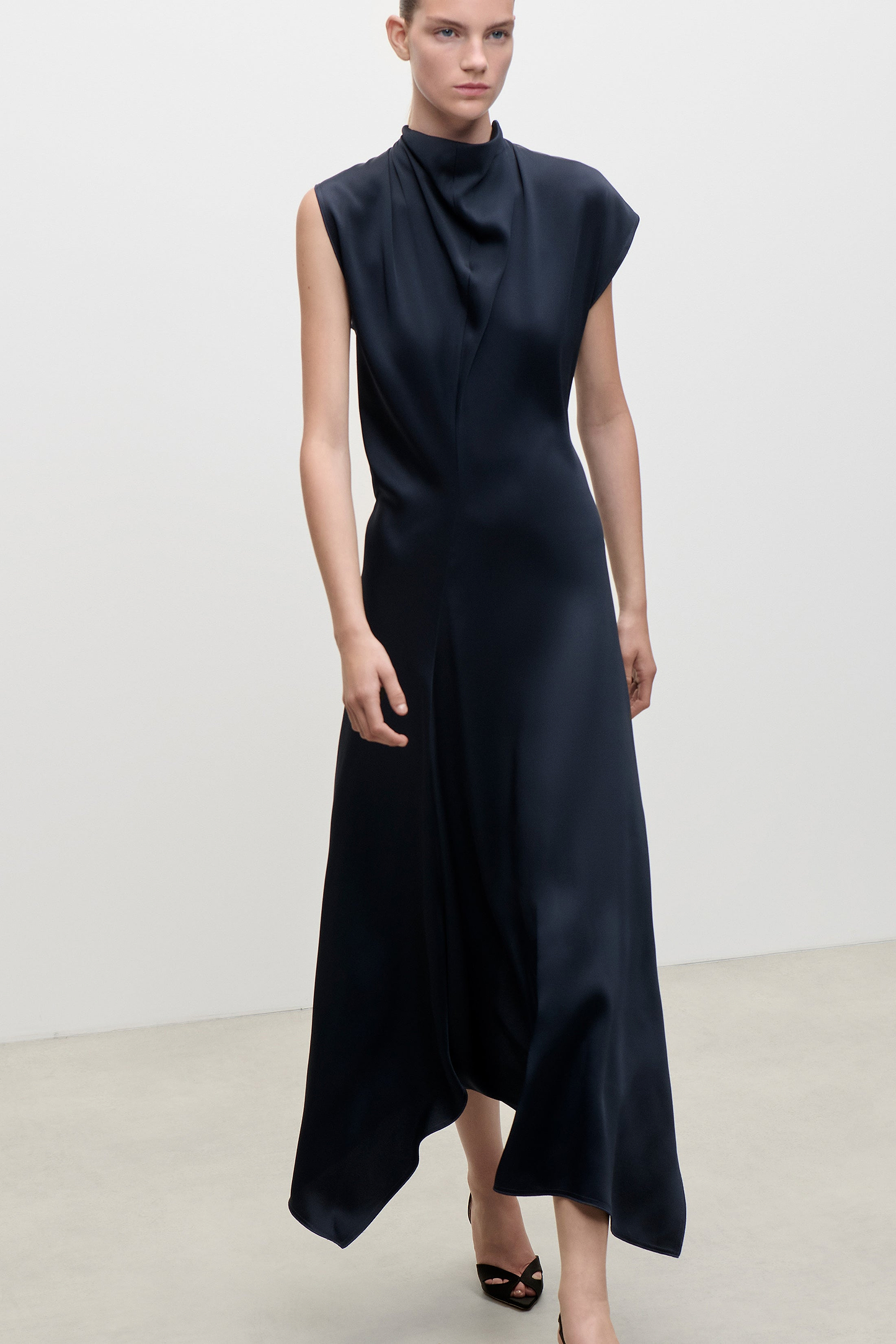 High Neck Draped Midi Dress In Dark Navy
