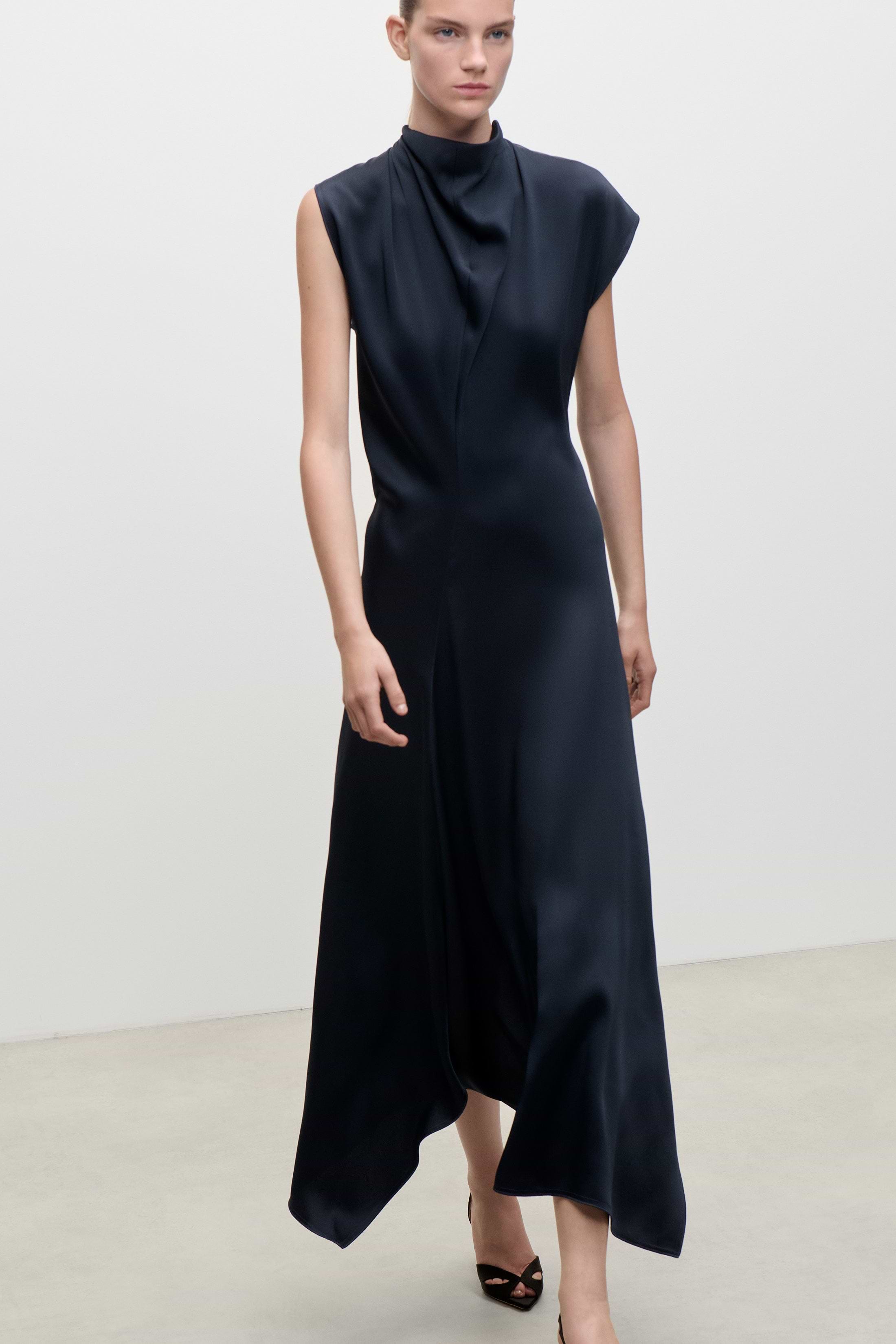 High Neck Draped Midi Dress In Dark Navy