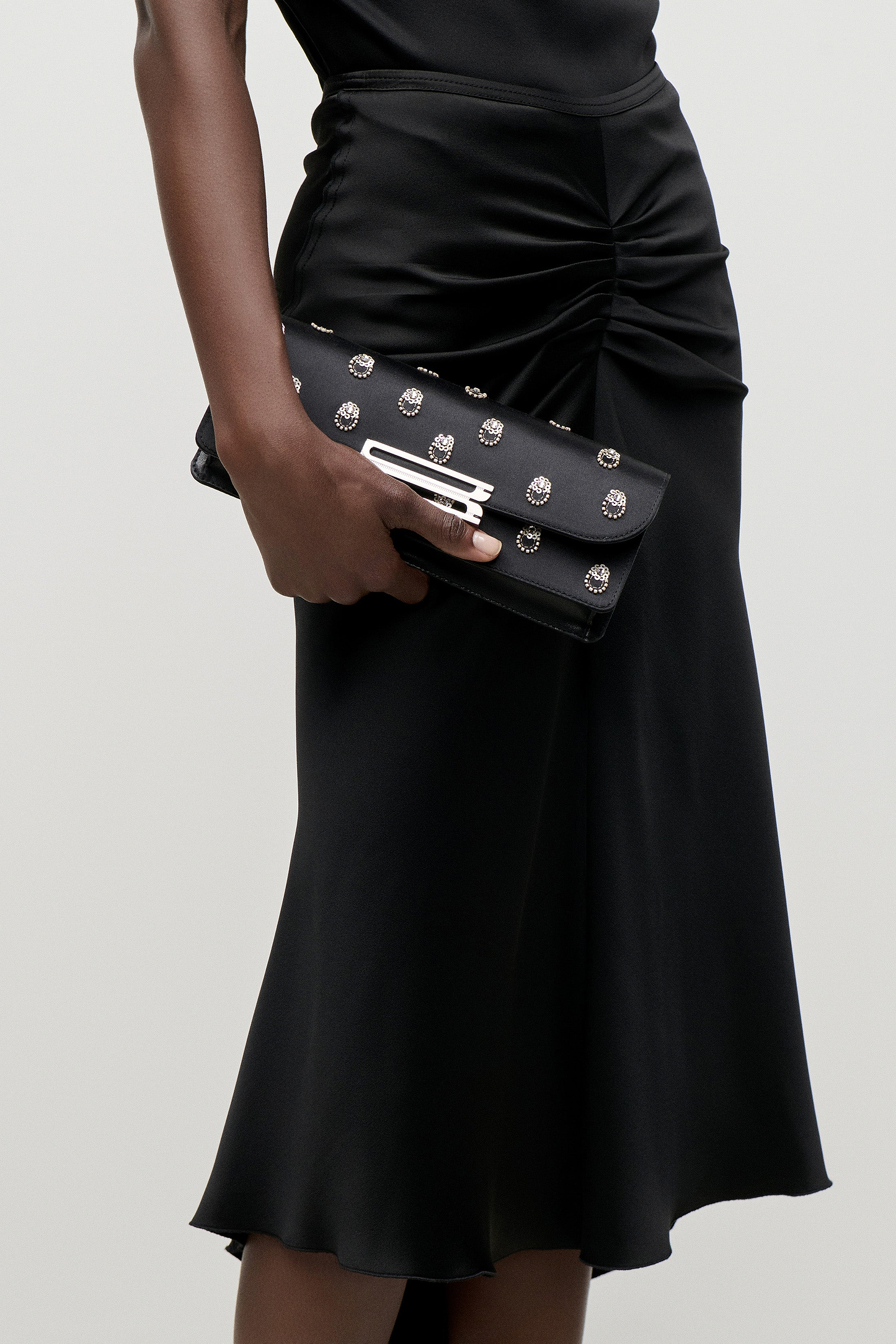 Dorian East-West Clutch Black Embroidered Satin