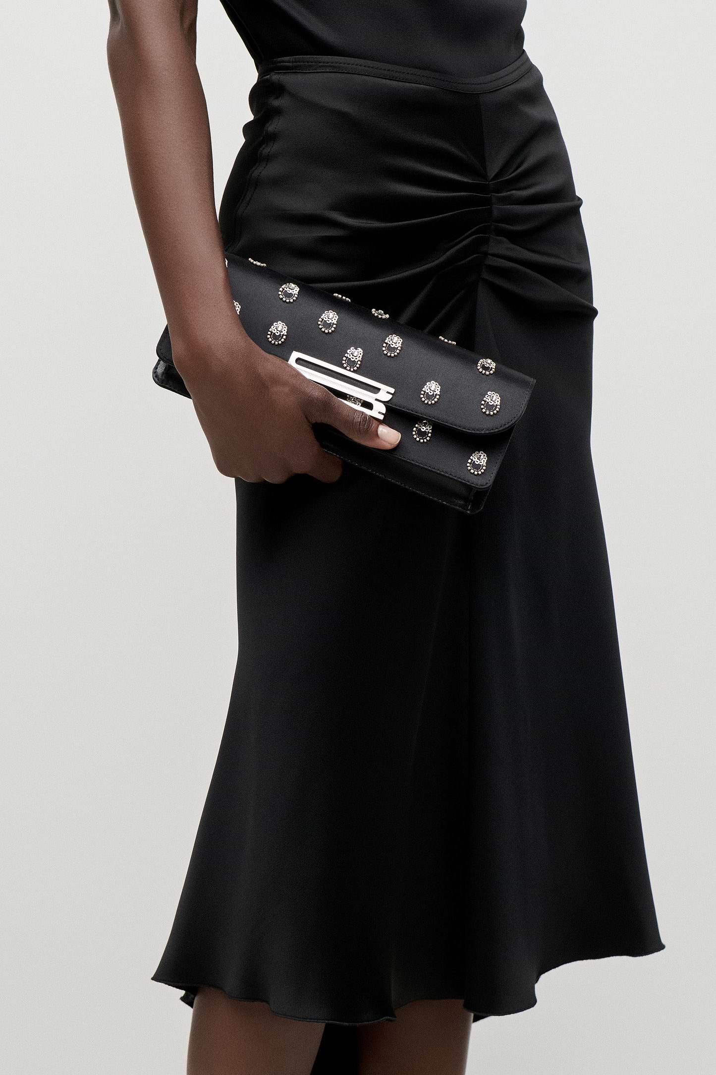 Dorian East-West Clutch Black Embroidered Satin