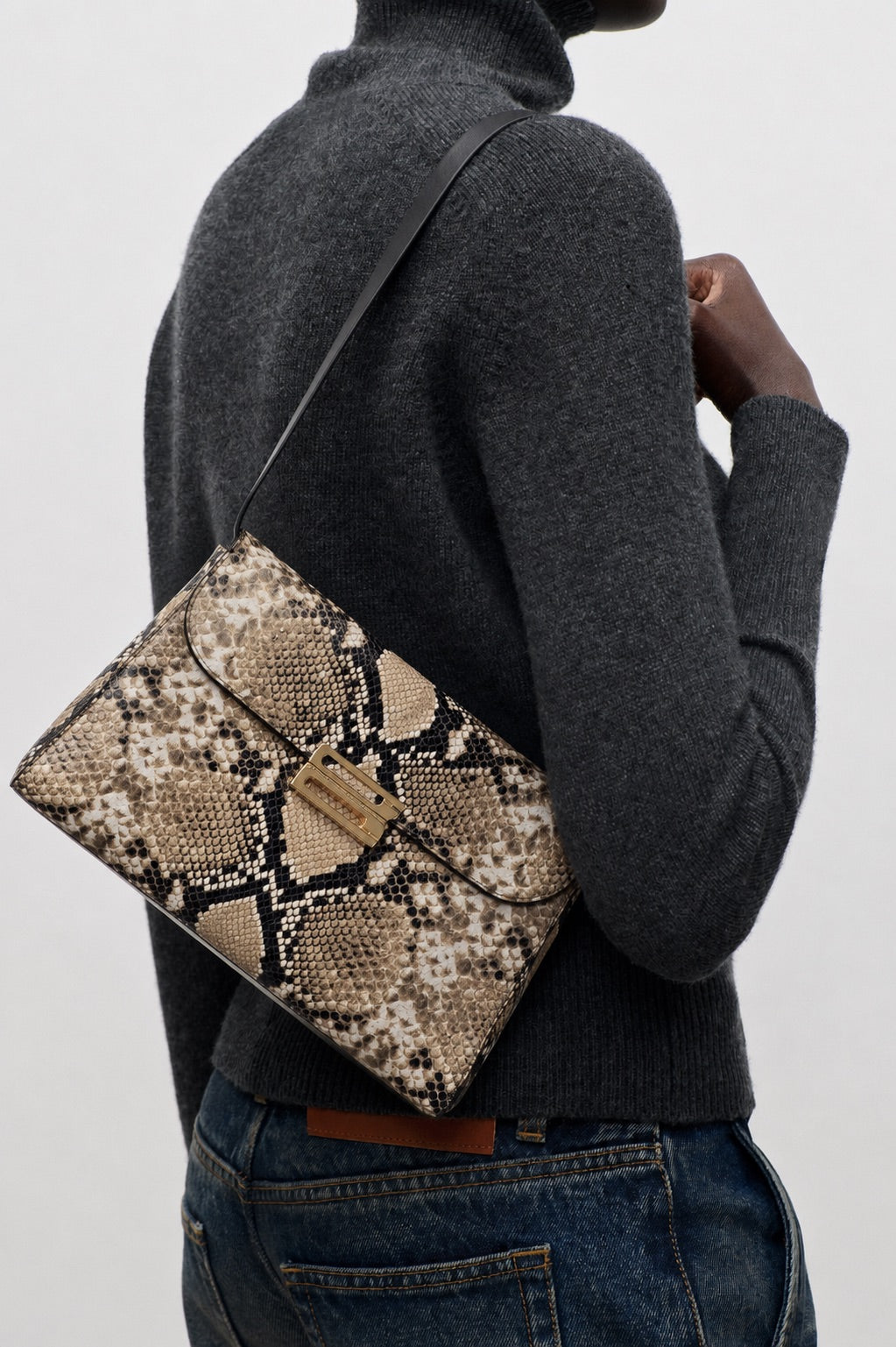 Dorian Trapeze Bag Natural Brown Snake Print Leather