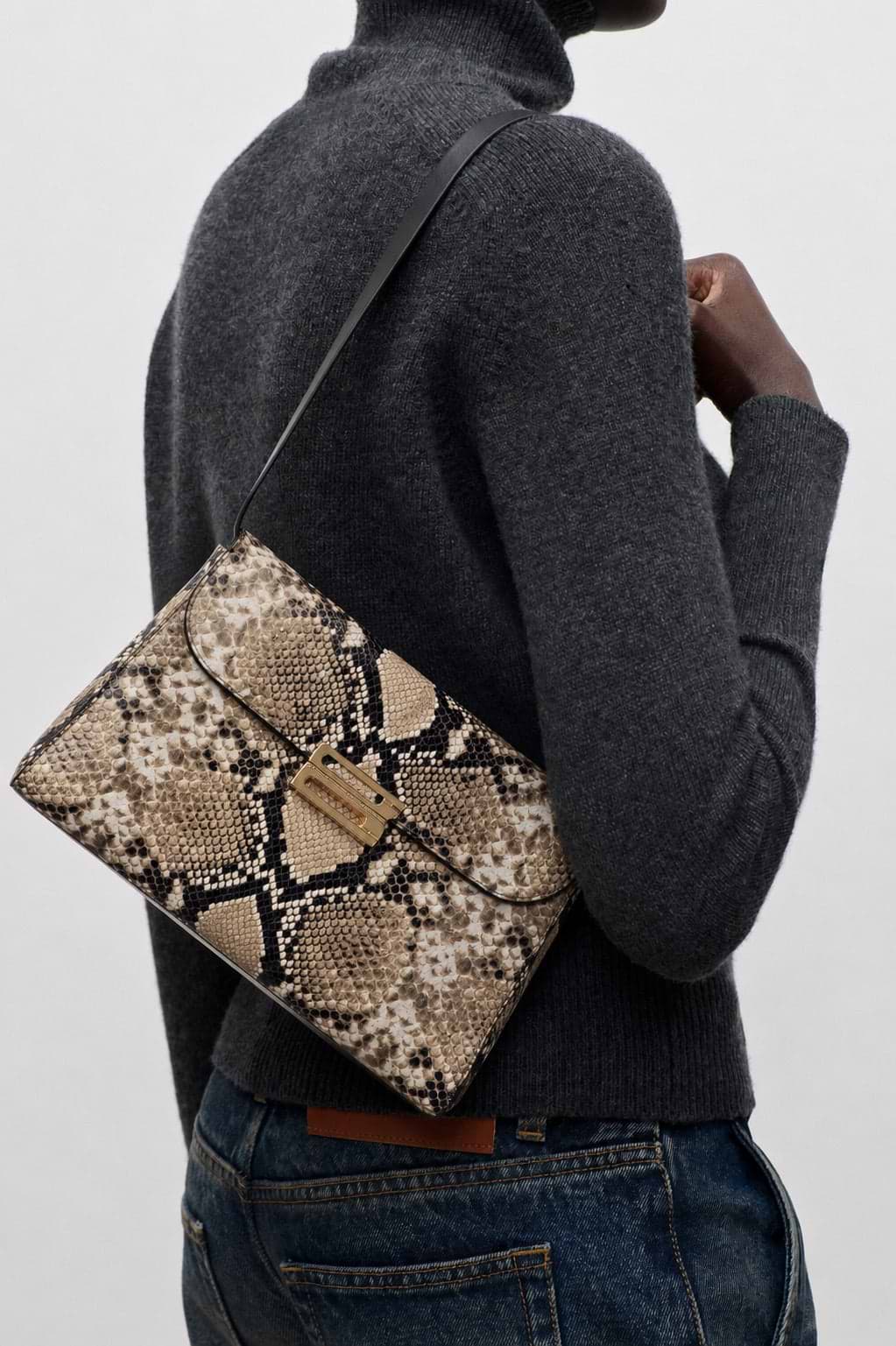 Dorian Trapeze Bag Natural Brown Snake Print Leather