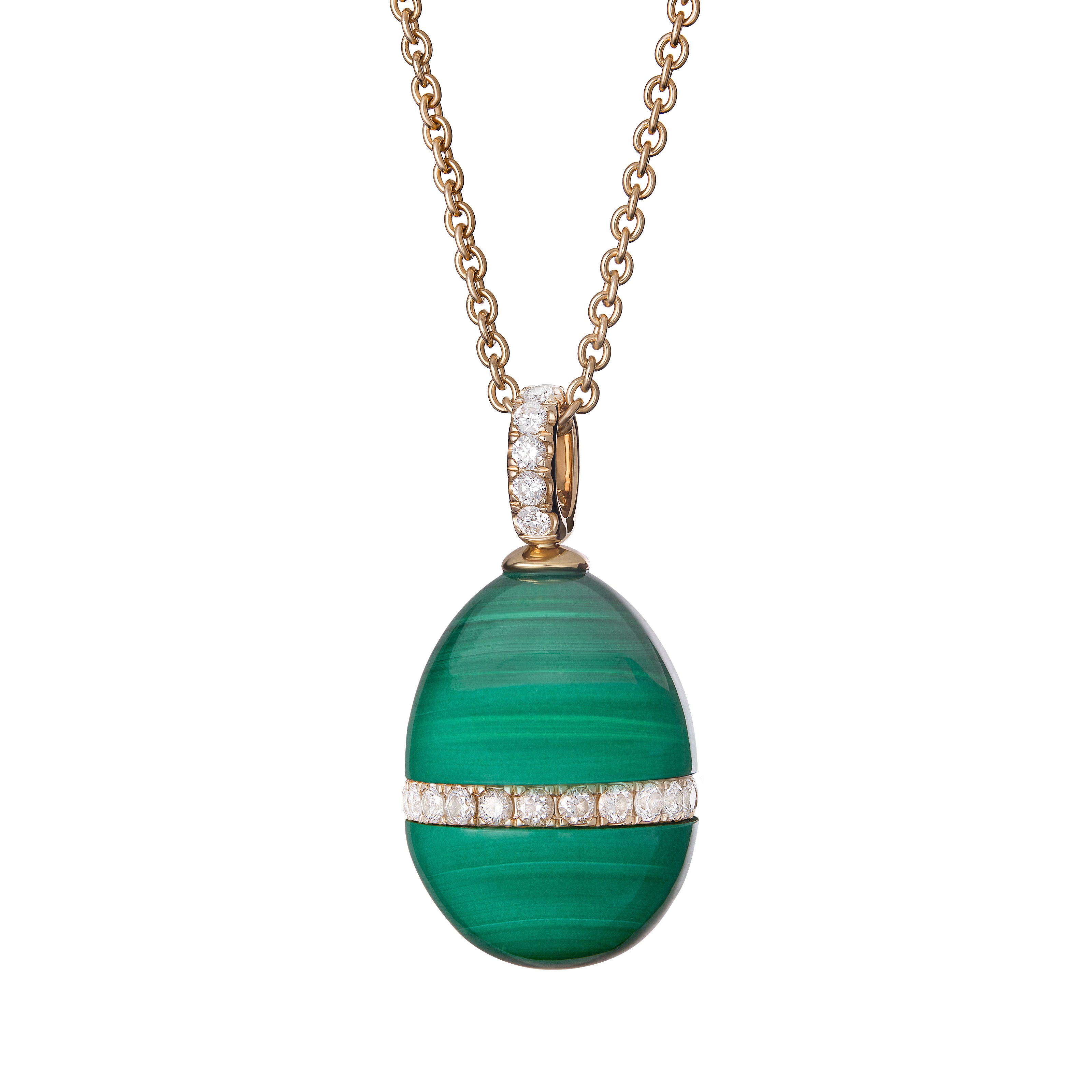 Closeup of Fabergé Heritage Stoneflower Forever Malachite Egg Pendant in 18 karat yellow gold featuring natural malachite and pavé diamonds, inspired by the Maison’s iconic Imperial Egg designs.