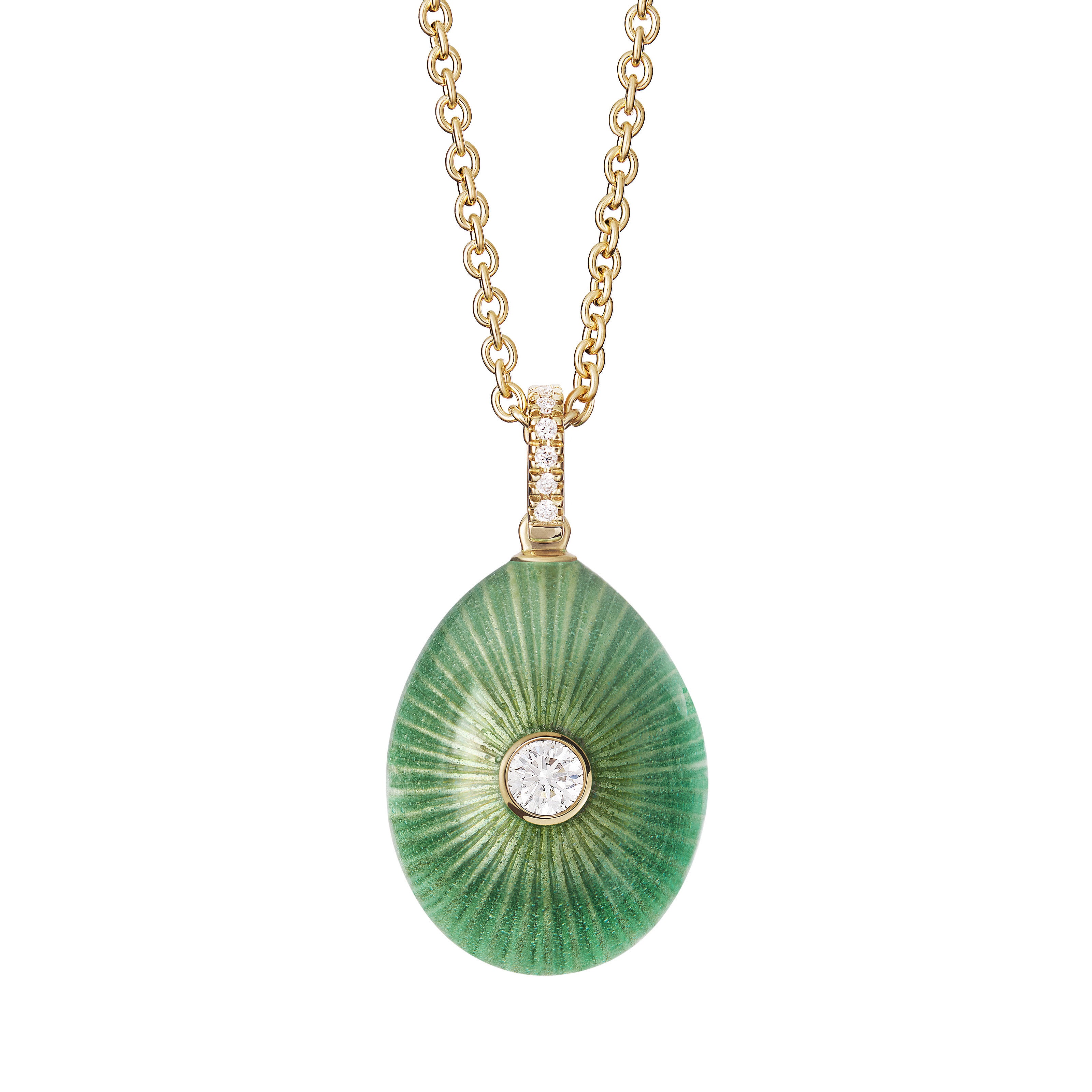 Fabergé Sunburst Egg Pendant in green enamel and yellow gold, featuring a central diamond and intricate radiating sunburst detailing on a long gold chain, shown on a white background.