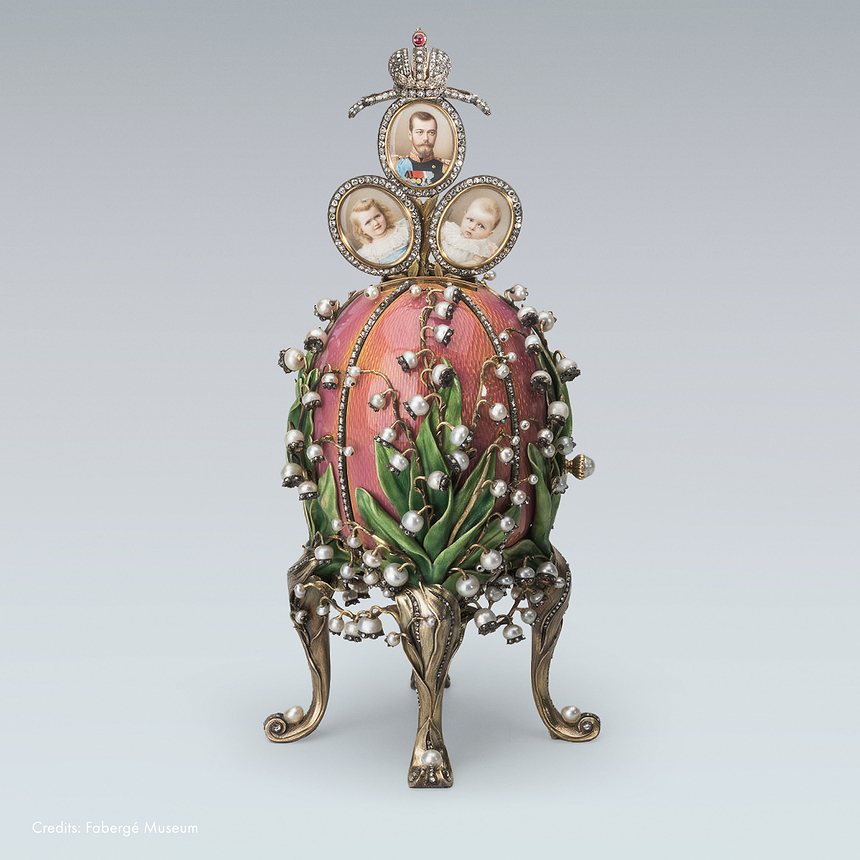 Fabergé Lilies of The Valley Imperial Egg with gold, diamonds and pink guilloché enamel