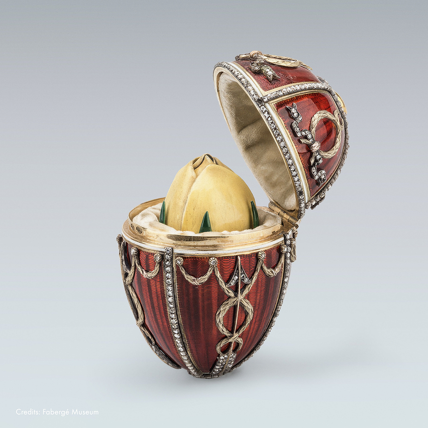 Fabergé Rosebud Imperial Egg with diamonds and yellow rosebud surprise