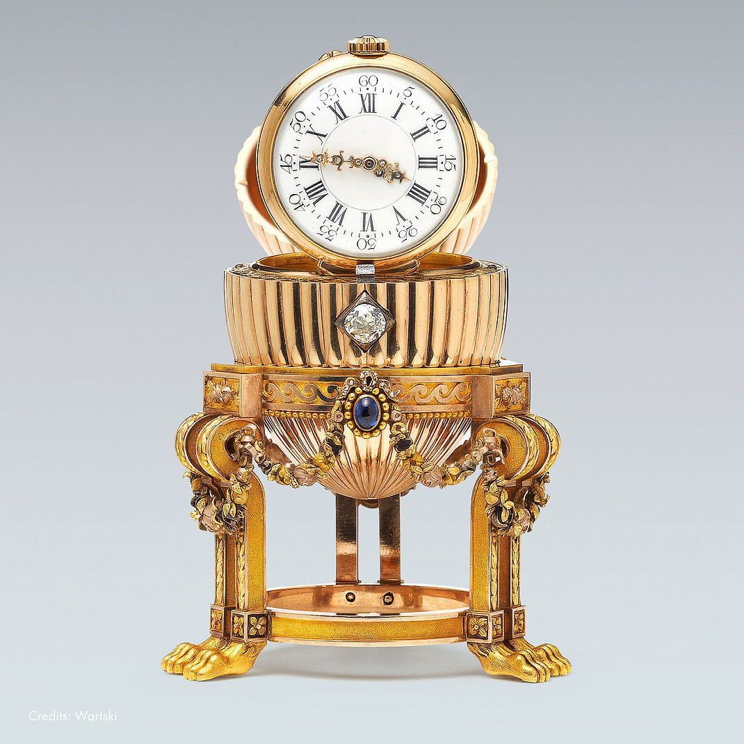 Fabergé Third Imperial Egg with fluted gold, sapphire and Vacheron Constantin watch