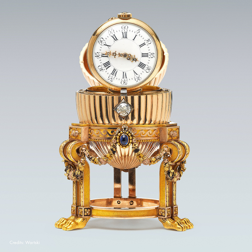 Fabergé Third Imperial Egg with fluted gold, sapphire and Vacheron Constantin watch