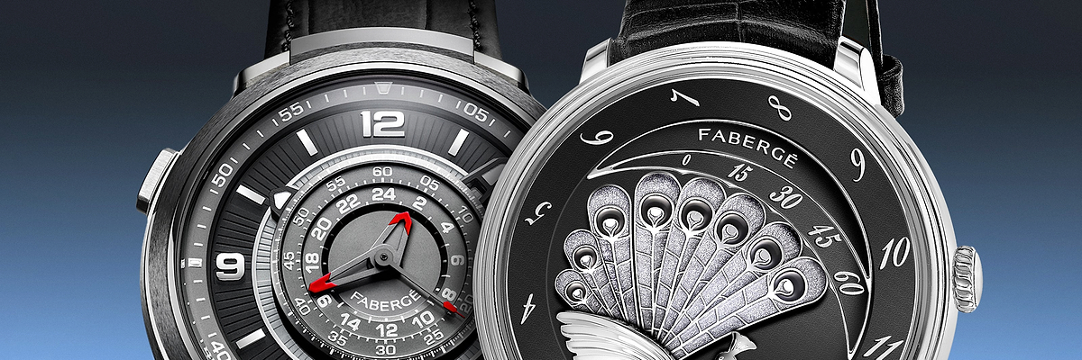 Fabergé watch collection featuring luxury mechanical timepieces with contemporary and artistic dial designs, showcasing exceptional watchmaking craftsmanship.