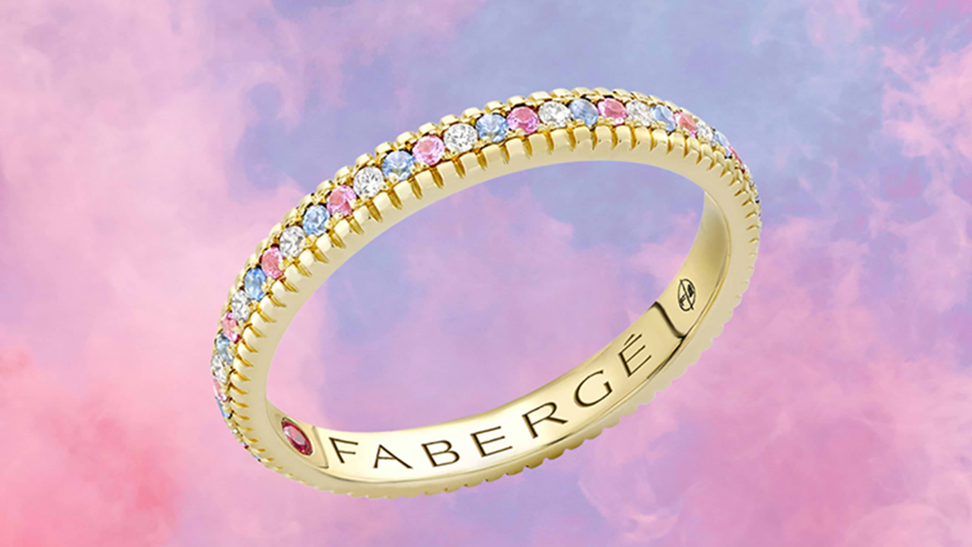 Fabergé-Celebrates-Pride-Month-2022-Colours-of-Love-Yellow-Gold-Diamond-and-Sapphire-Trans-Flag-Fluted-Eternity-Ring