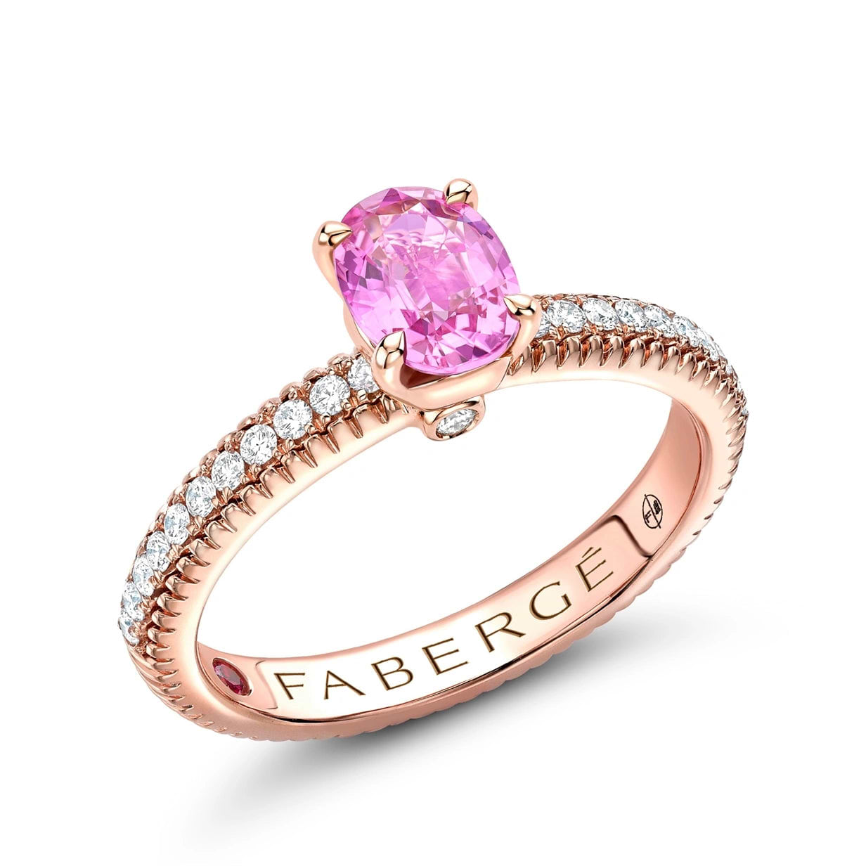 Rose Gold Pink Sapphire Fluted Ring with Diamond Shoulders | Fabergé