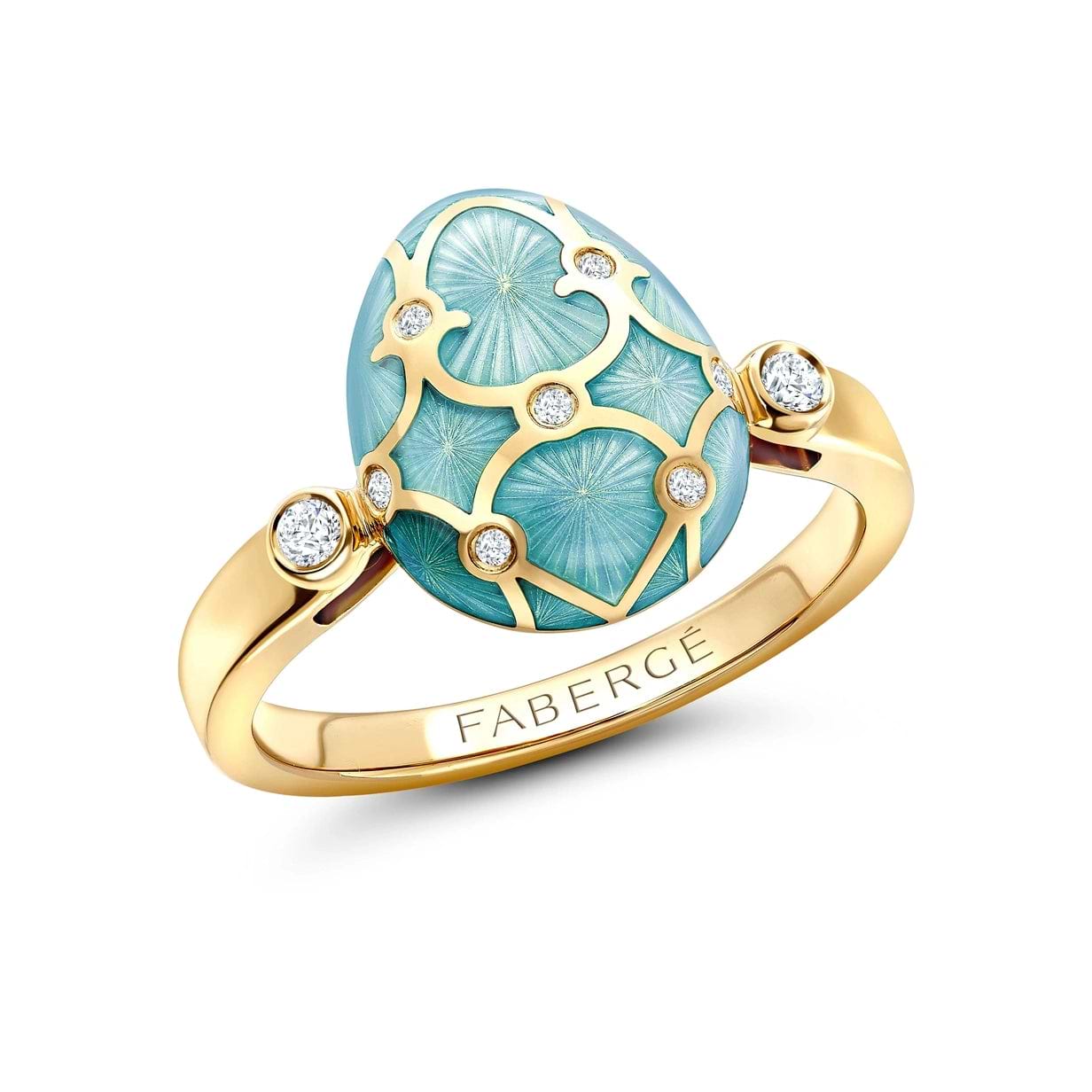 Heritage Yellow Gold Diamond & Turquoise Guilloché Enamel Egg Ring