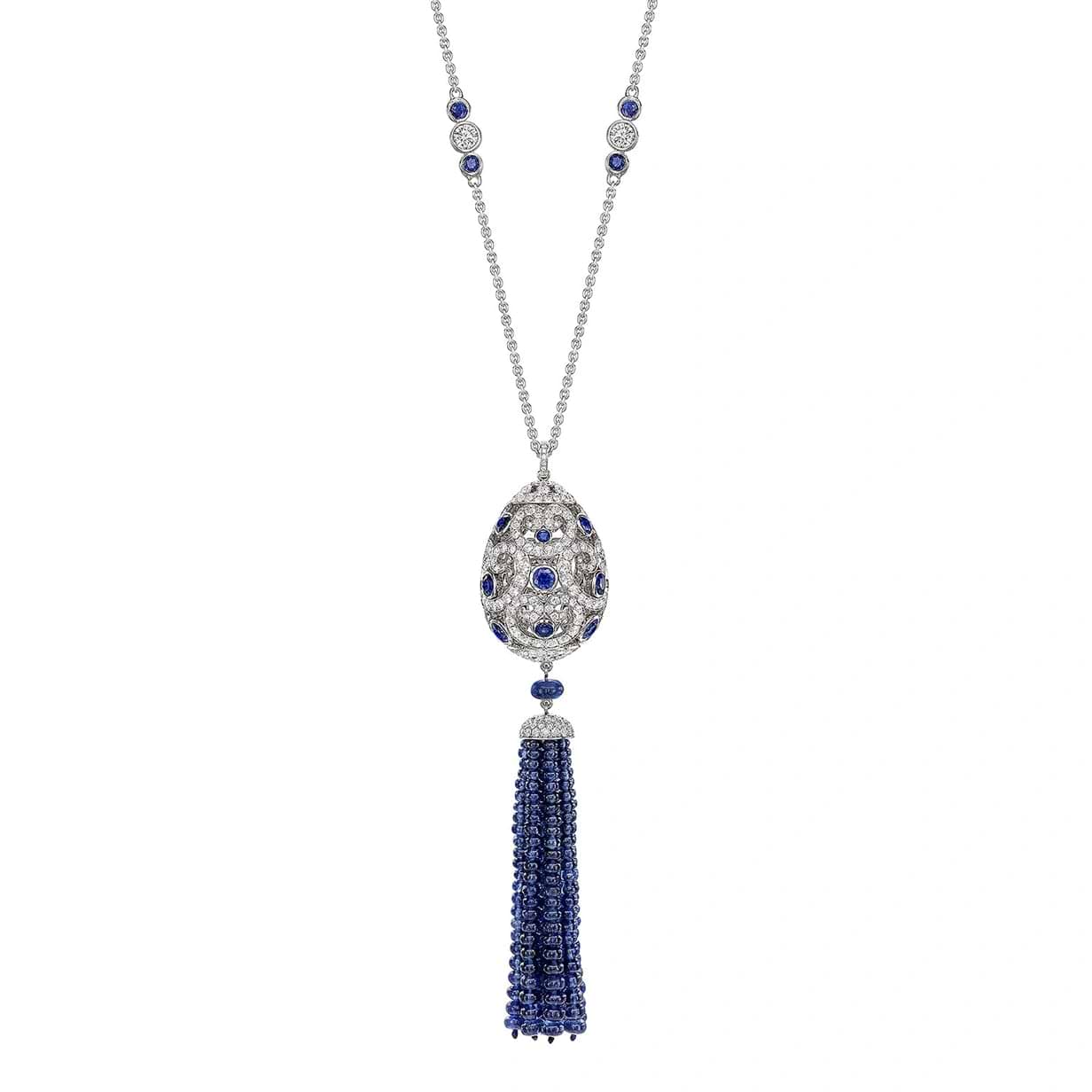 Fabergé Imperial Impératrice White Gold & Blue Sapphire Tassel Pendant I Fabergé