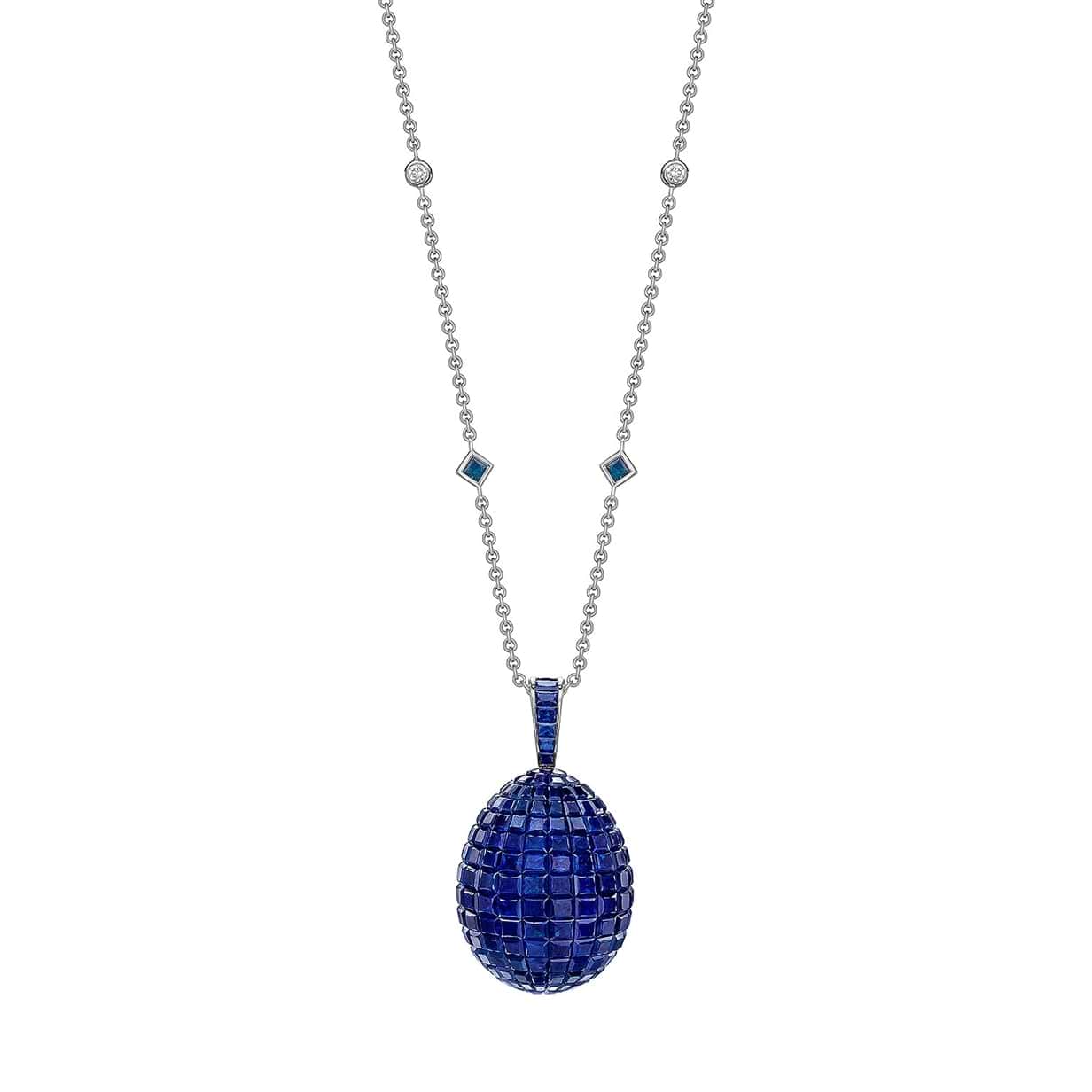 White Gold Blue Sapphire Egg Pendant | Fabergé