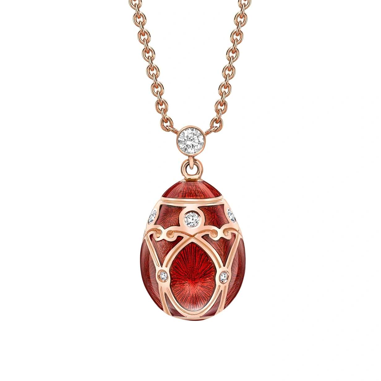 Rose Gold Diamond & Red Guilloché Enamel Petite Egg Pendant | Fabergé