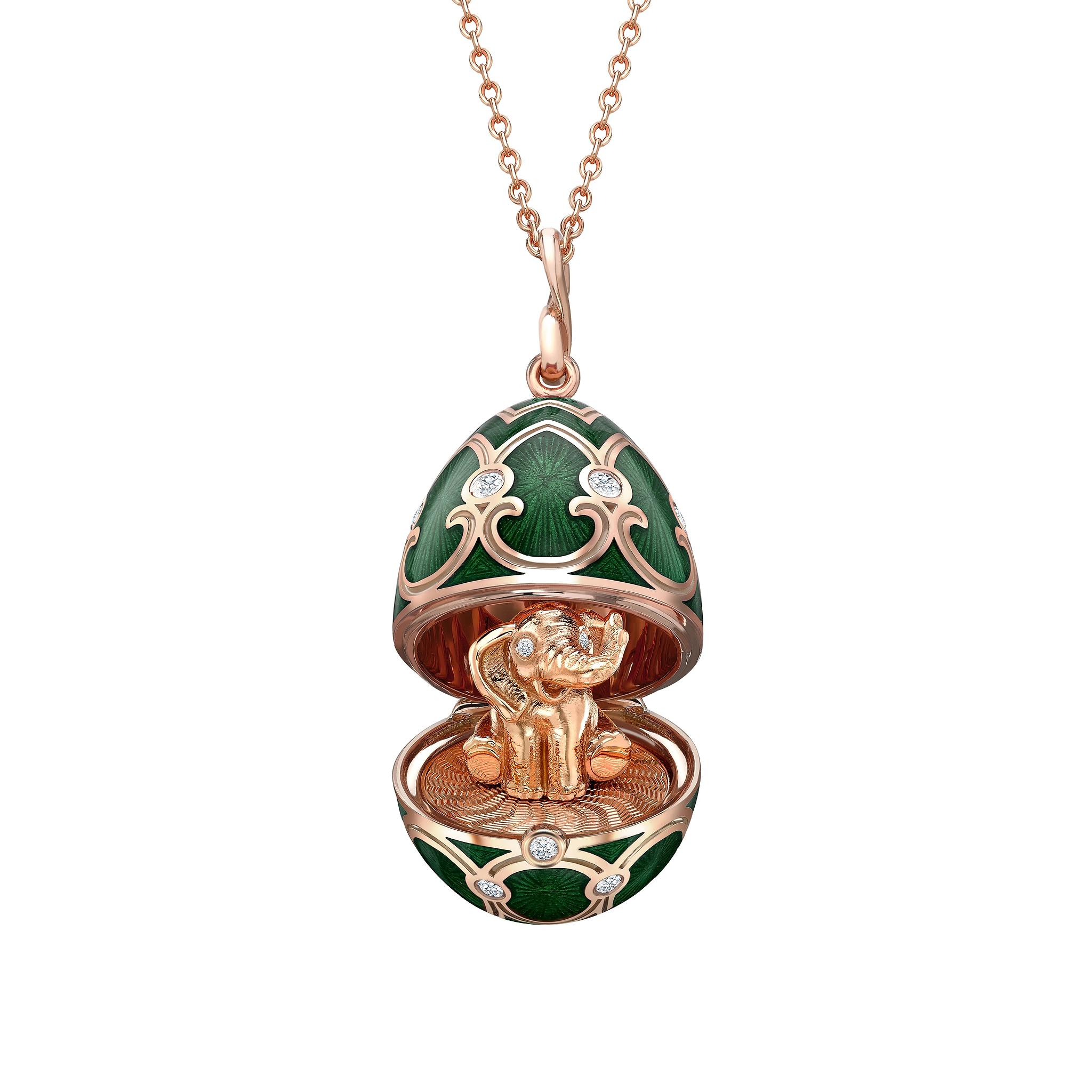 Rose Gold Diamond & Green Guilloché Enamel Elephant Surprise Locket | Fabergé
