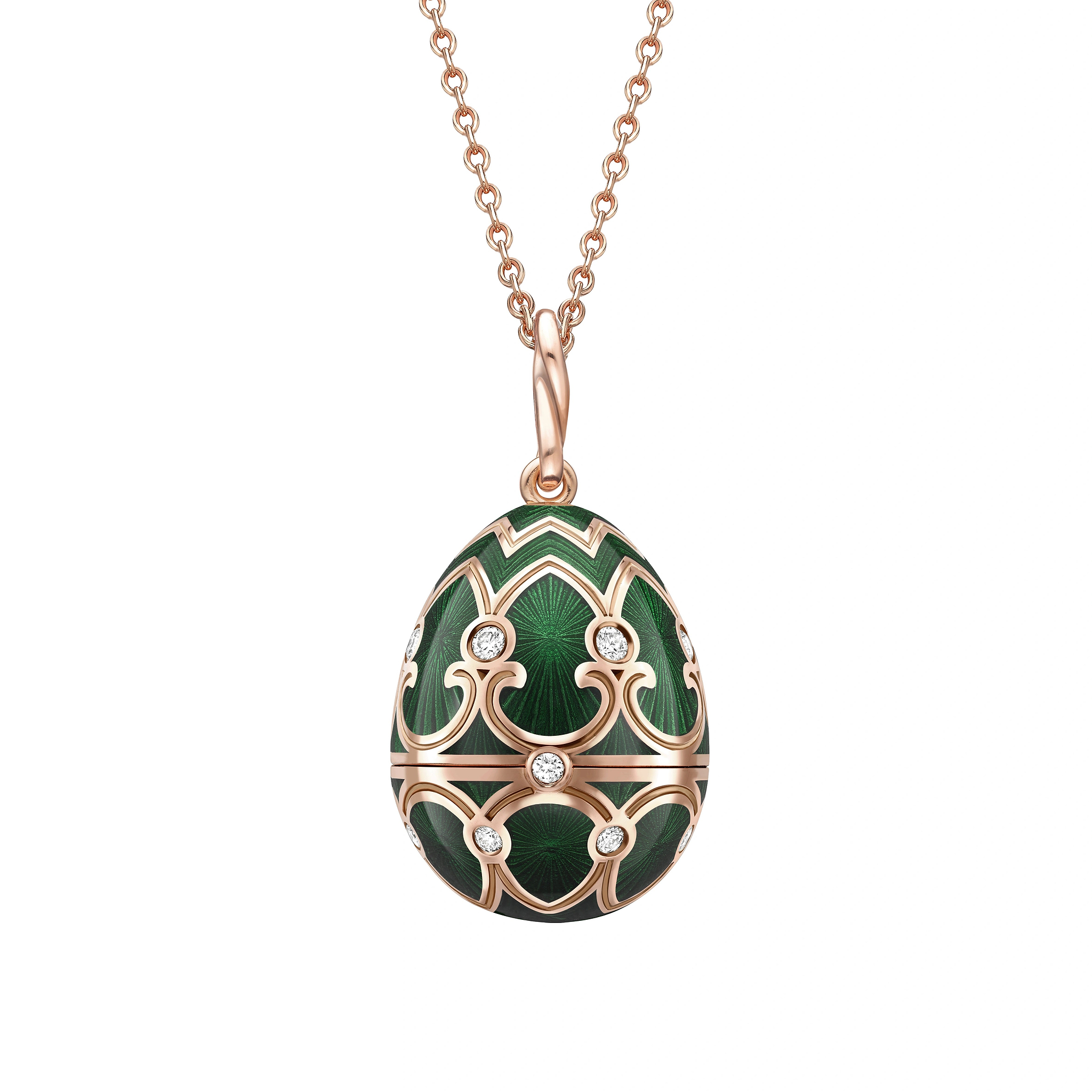 Rose Gold Diamond & Green Guilloché Enamel Elephant Surprise Locket | Fabergé