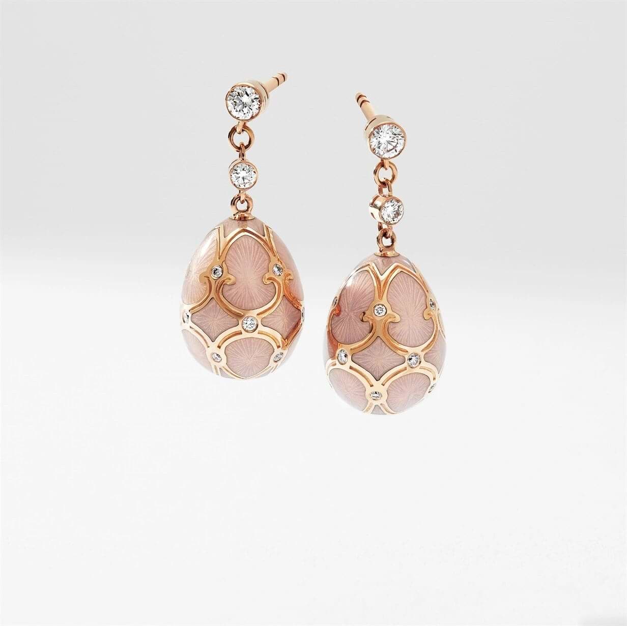 Rose Gold Diamond & Pink Guilloché Enamel Egg Drop Earrings | Fabergé