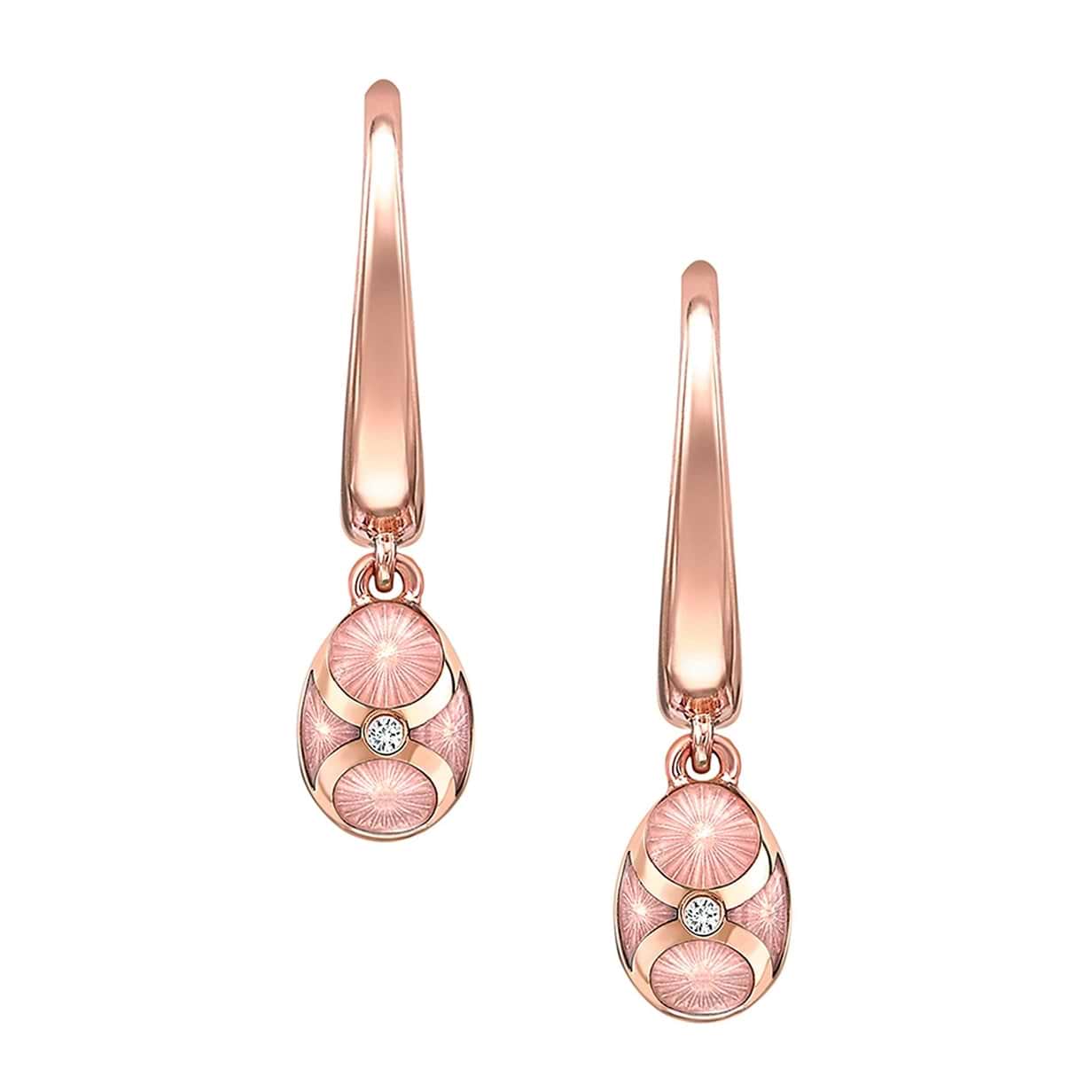 Rose Gold Diamond & Pink Guilloché Enamel Hoop Drop Earrings | Fabergé