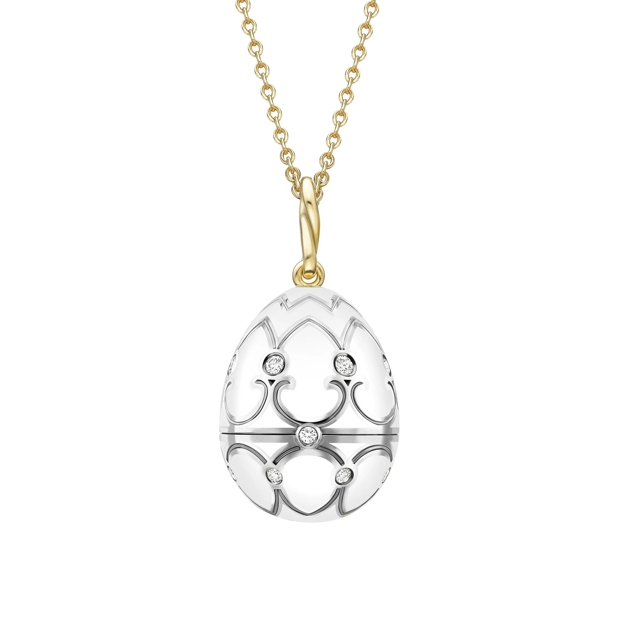 White and Yellow Gold Diamond and White Enamel Carved Mother of Pearl Rose Surprise Locket | Fabergé