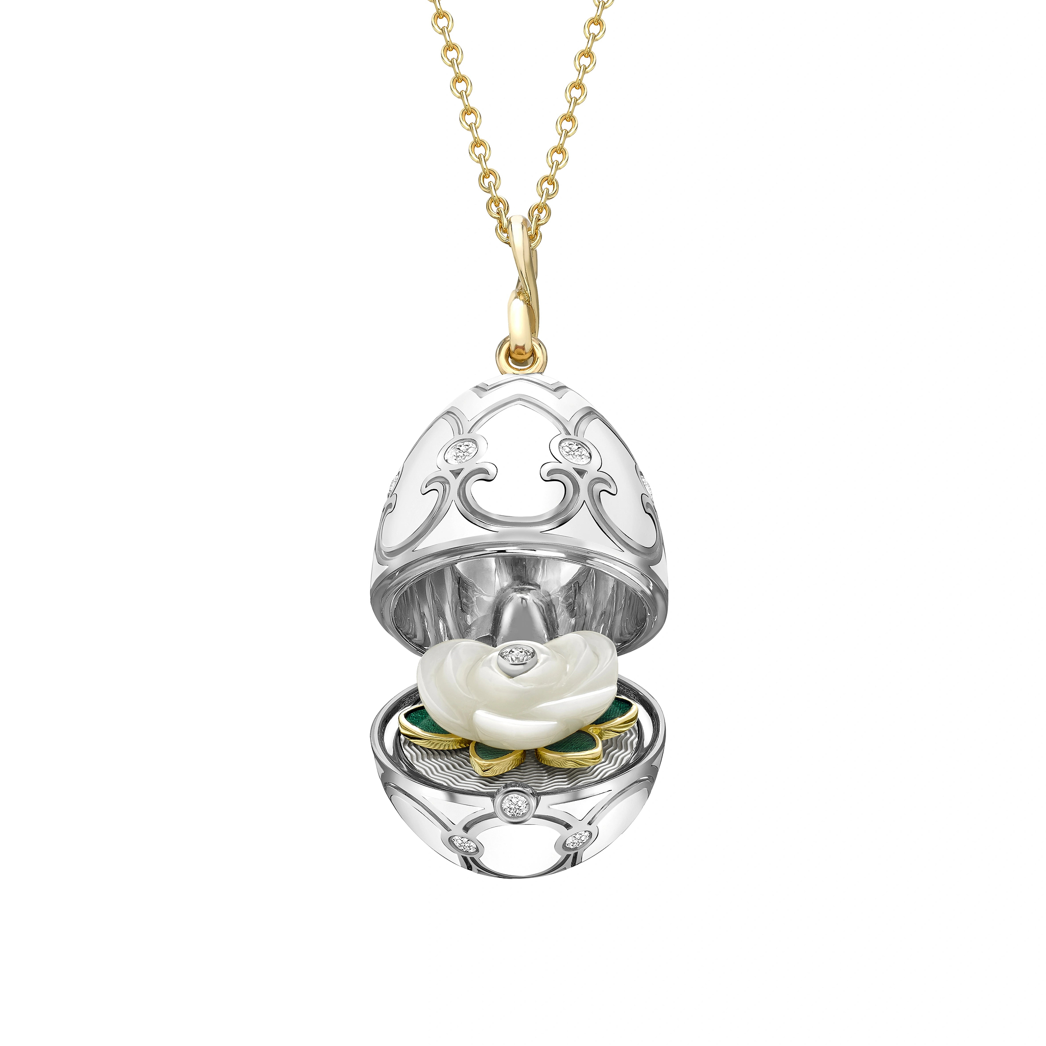White and Yellow Gold Diamond and White Enamel Carved Mother of Pearl Rose Surprise Locket | Fabergé
